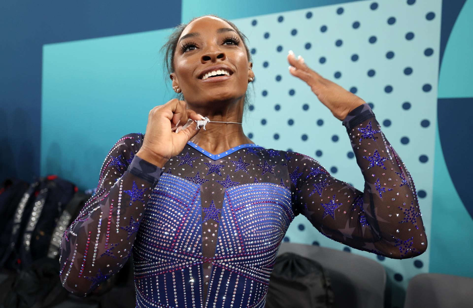 Simone Biles with her goat necklace after the Women's All-Around Final at the 2024 Paris Olympic Games