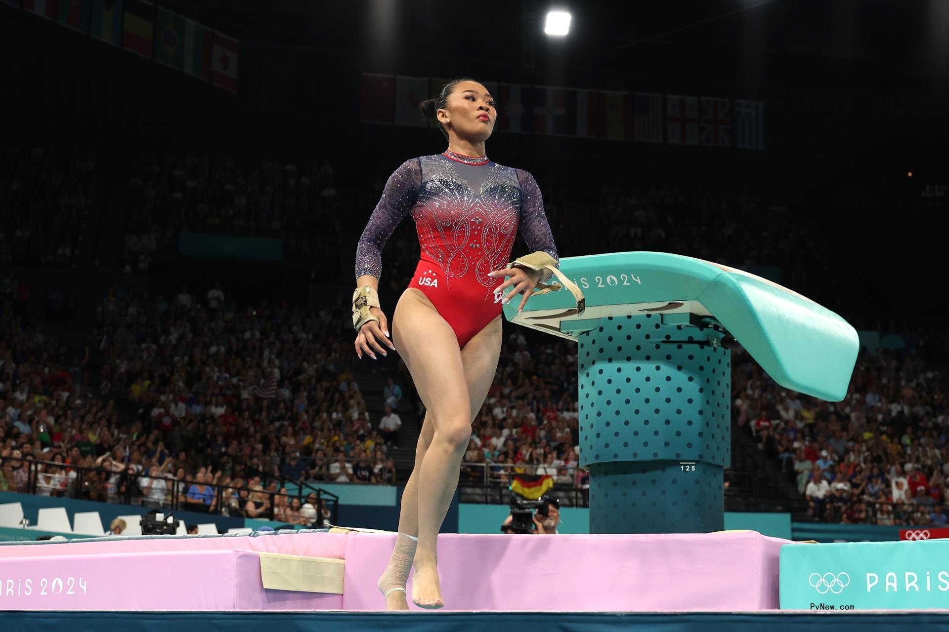 Sunisa Lee of Team United States reacts after competing on the vault during the Artistic Gymnastics Women's All-Around Final on day six of the Olympic Games Paris 2024.