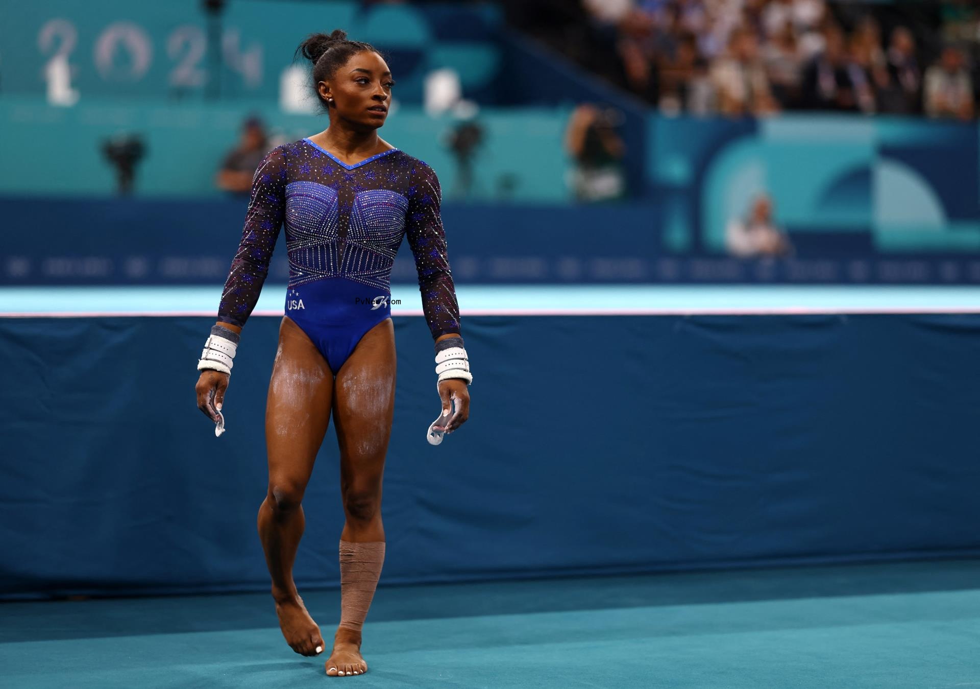 Suni Lee, of the United States, after performing on the uneven bars during the women's artistic gymnastics all-around finals in Bercy Arena at the 2024 Summer Olympics.