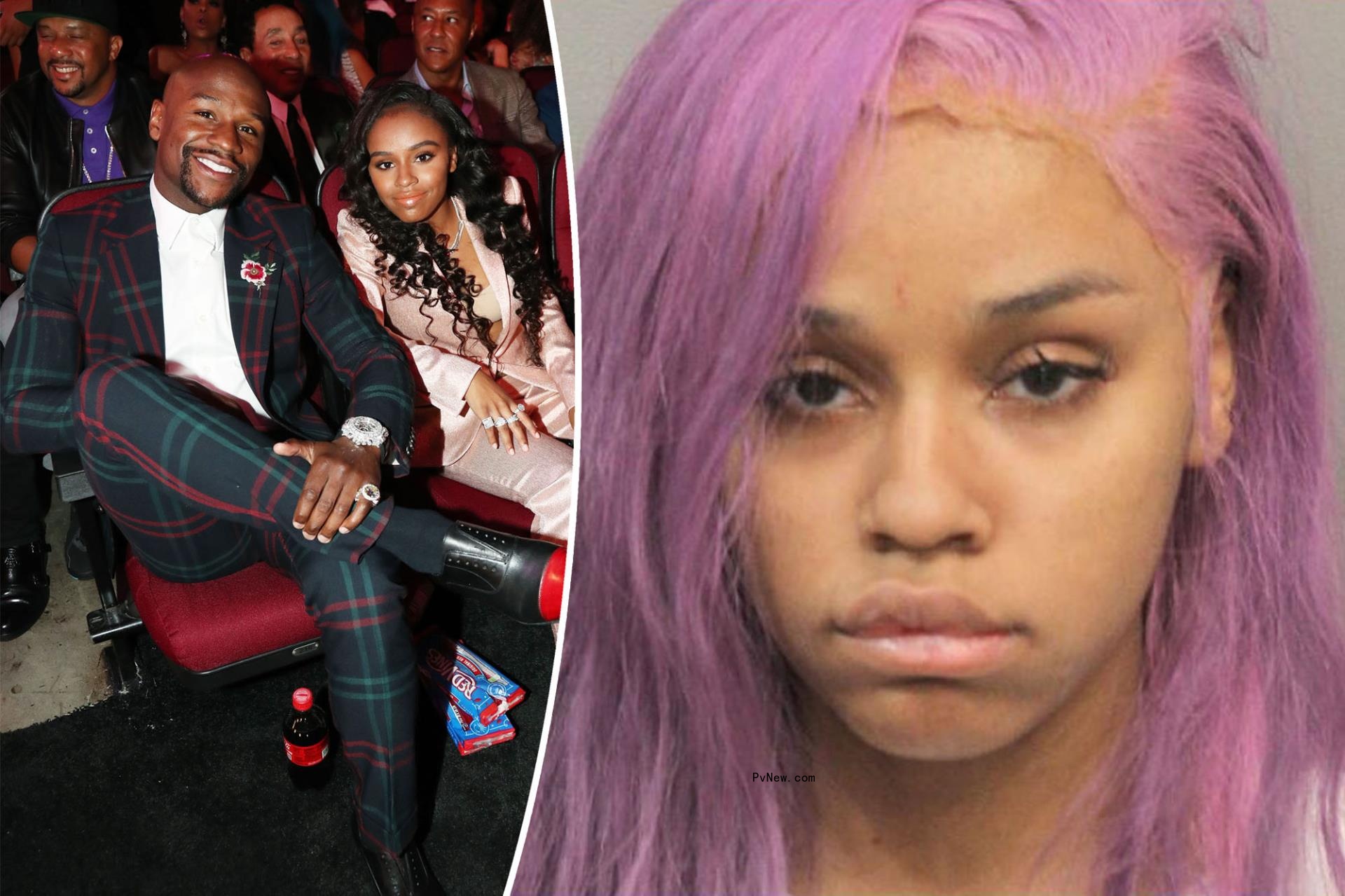 A split of Floyd Mayweather and Iyanna Mayweather sitting together at an event and Iyanna's mugshot.