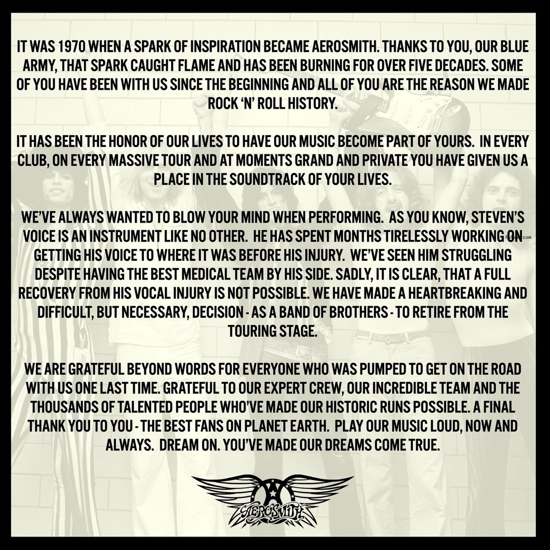 Aerosmith tour retirement announcement posted.
