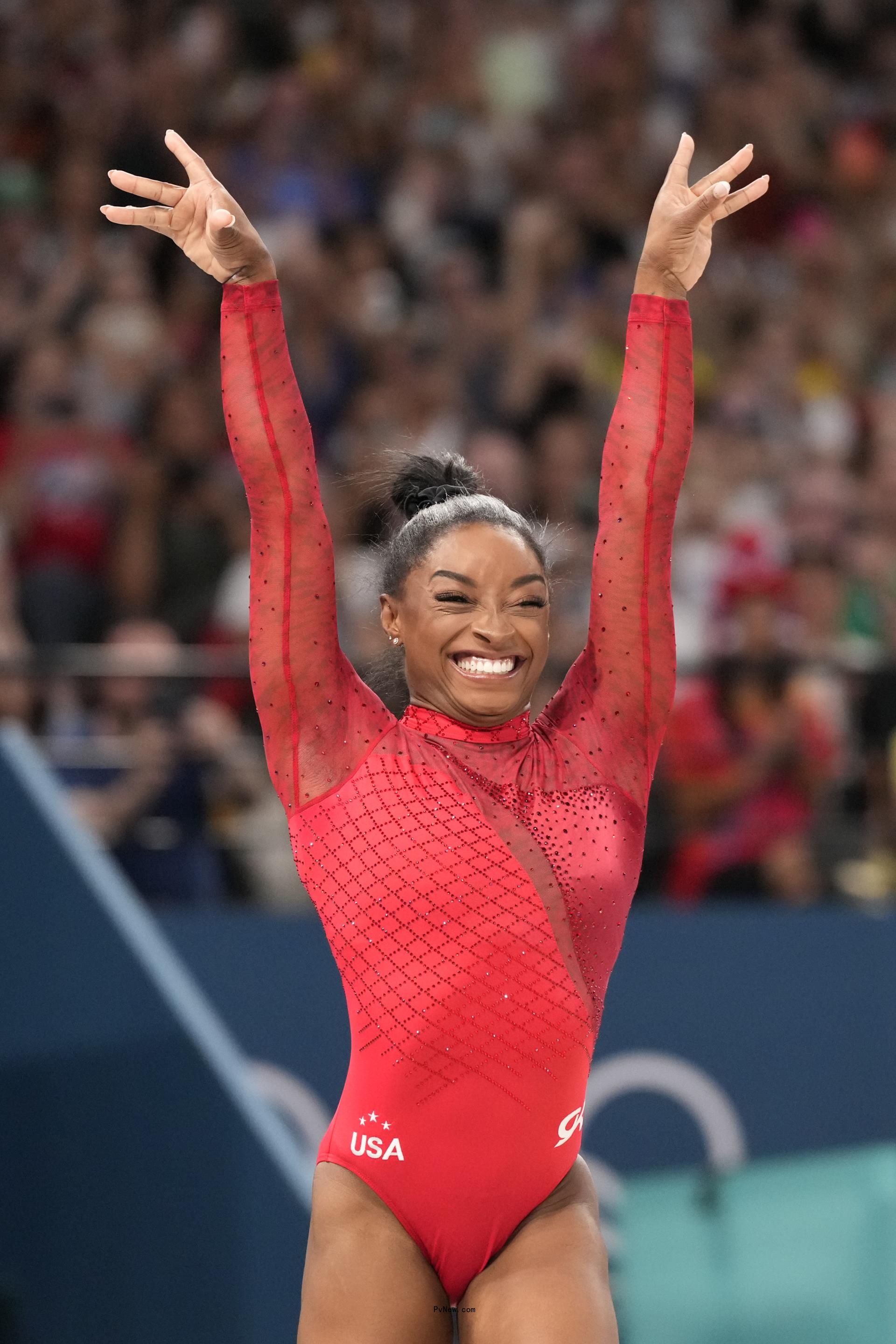 Simone Biles competing in the 2024 Paris Olympics.