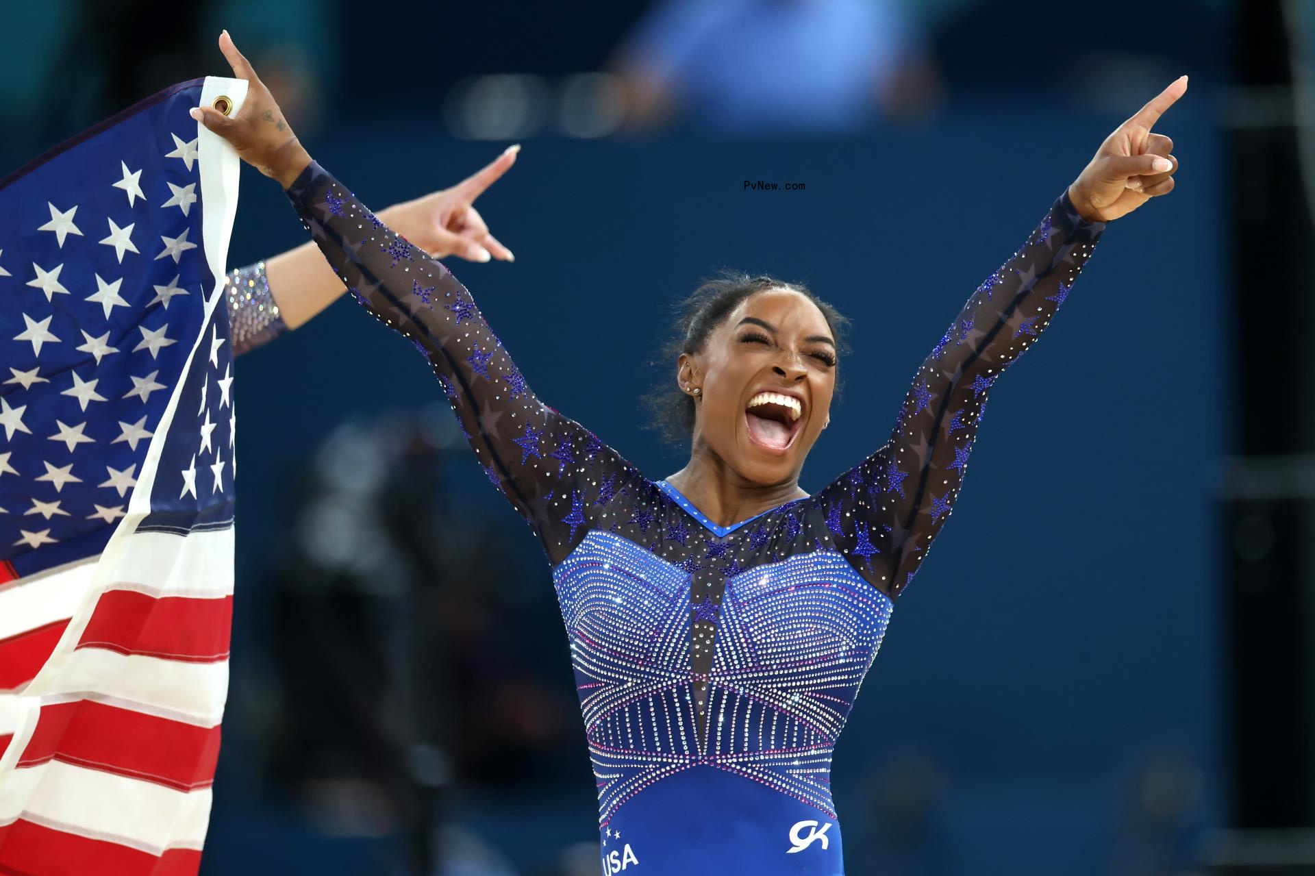 Simone Biles competing in the 2024 Paris Olympics on August 1, 2024.