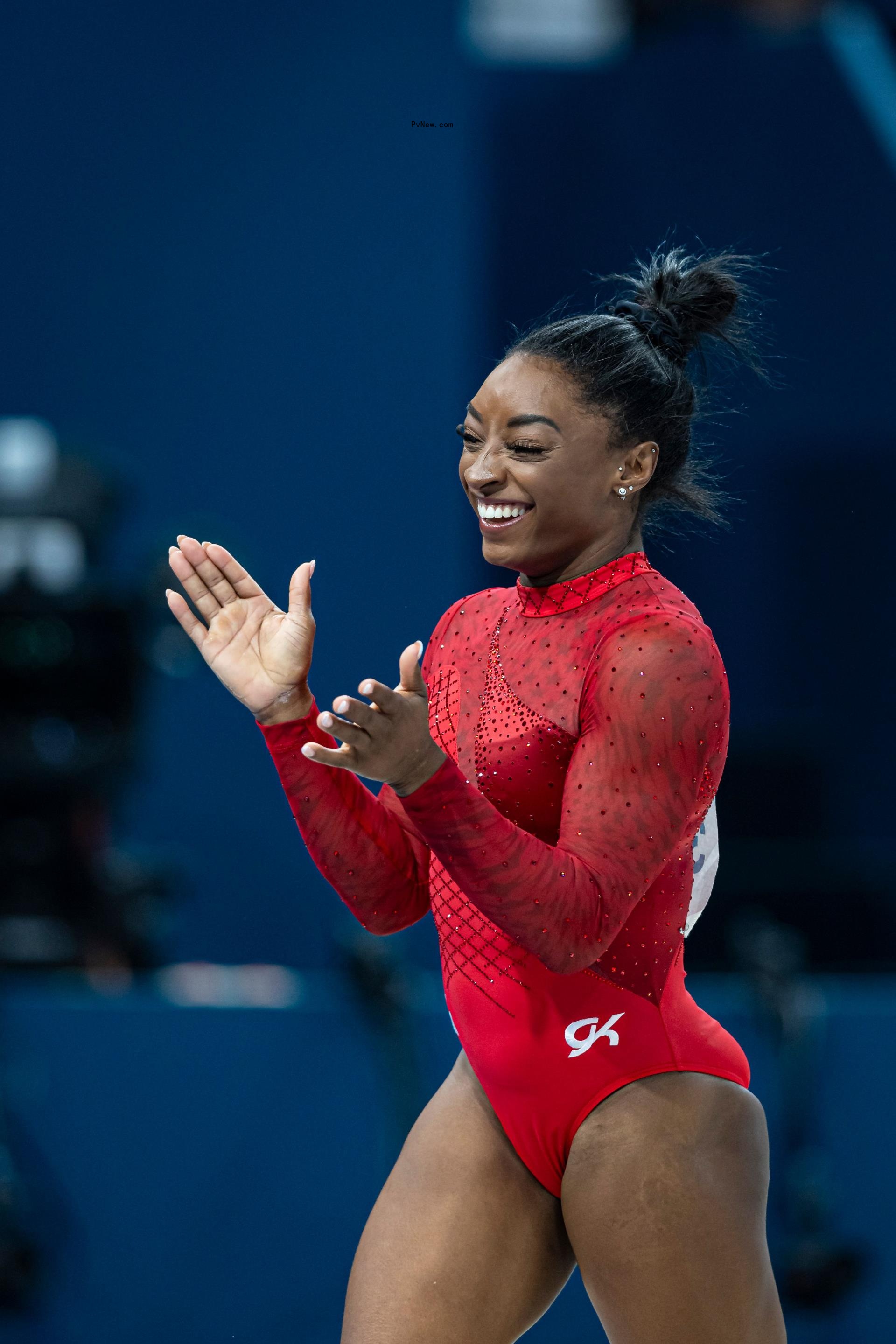 Simone Biles competing in the 2024 Paris Olympics.
