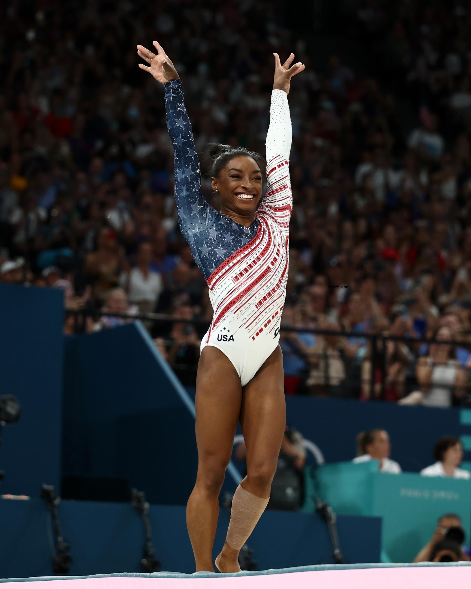 Simone Biles competing in the 2024 Paris Olympics.