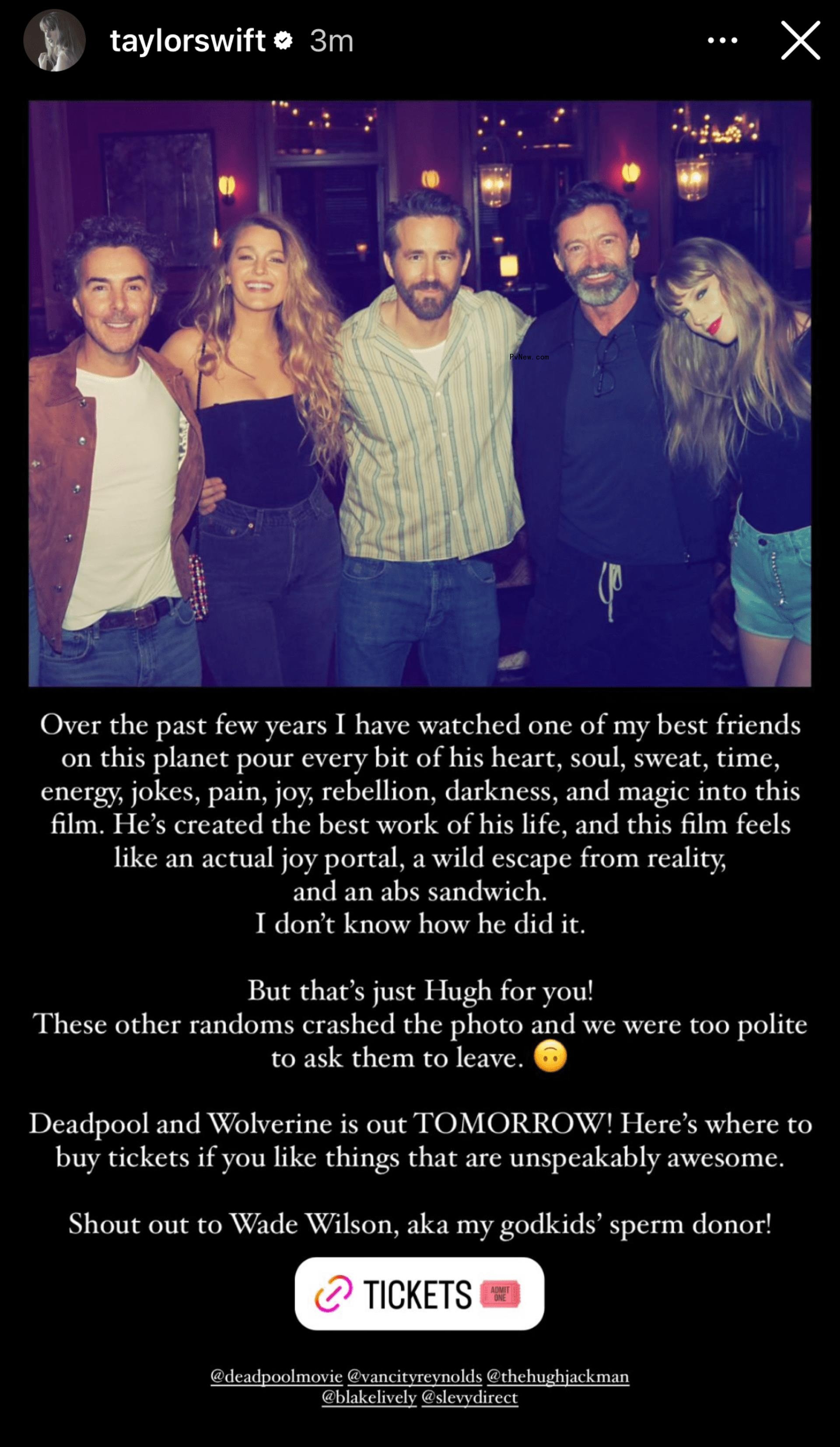 Taylor Swift Praises ‘Deadpool & Wolverine’ as ‘Unspeakably Awesome’ and an ‘Abs Sandwich’: ‘Shoutout to Wade Wilson, aka My Godkids’ Sperm Donor!’