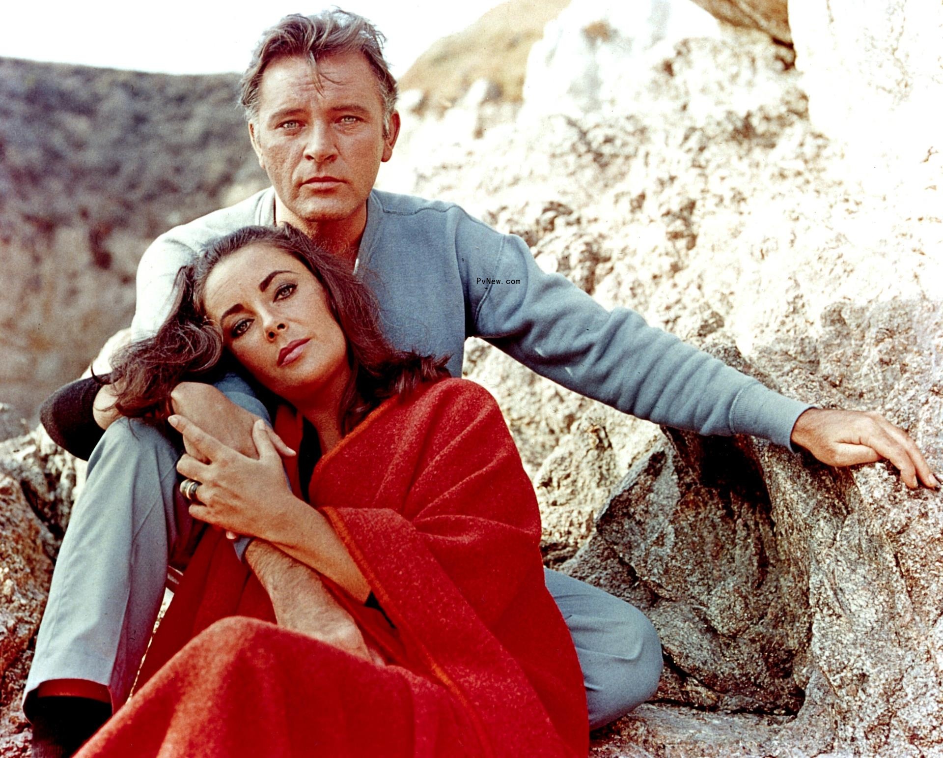 Elizabeth Taylor and Richard Burton on the film set of 