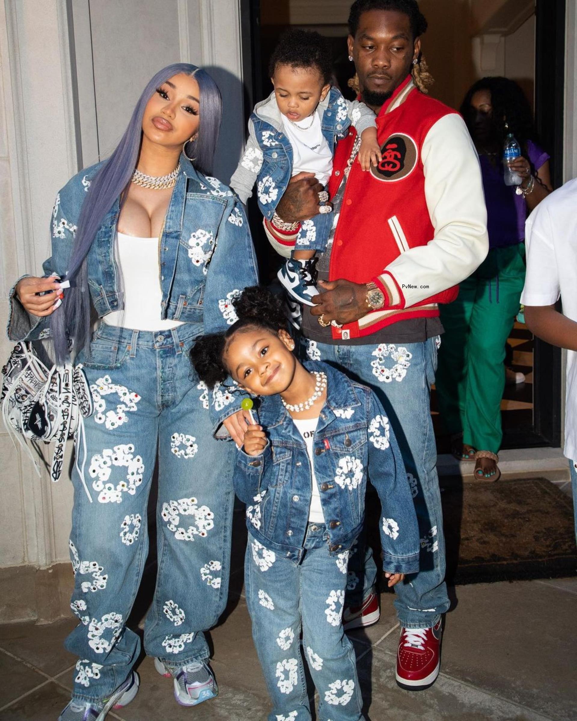 Cardi B and Offset with their two kids in denim looks.
