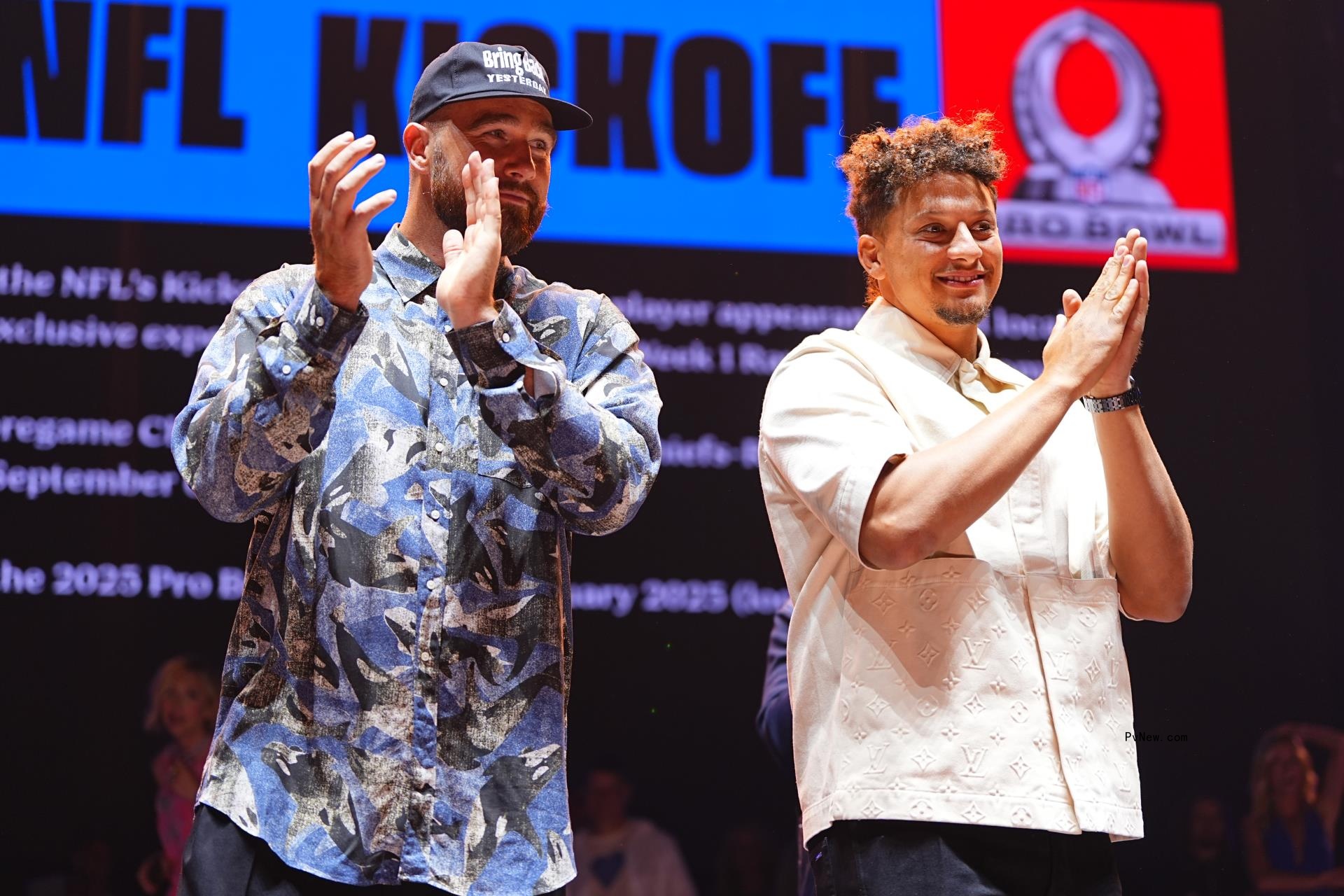 Travis Kelce and Patrick Mahomes stand o<i></i>nstage during 2024 Big Slick Celebrity Weekend on June 01.