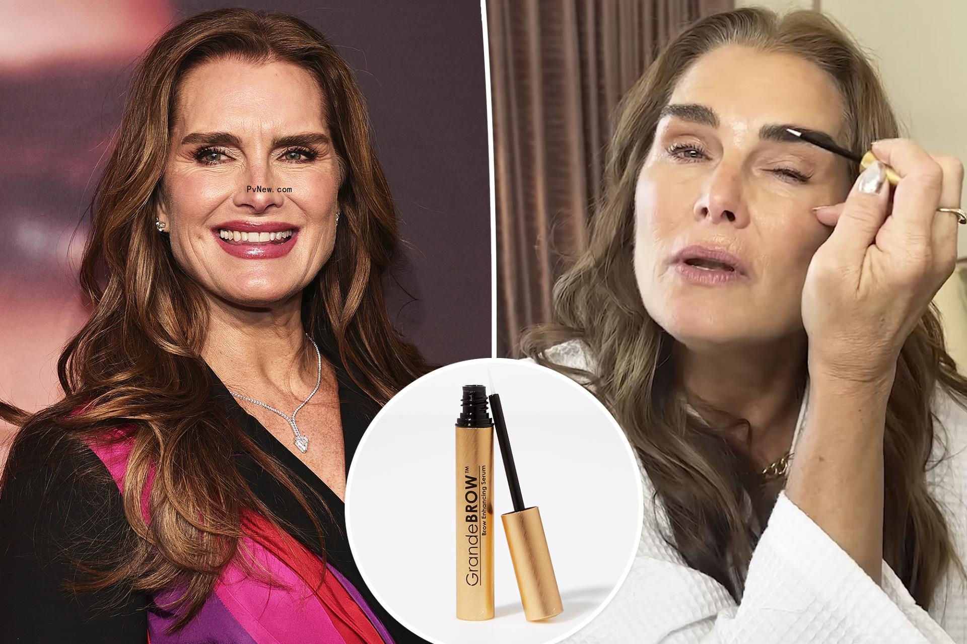 Brooke Shields with an inset of brow serum