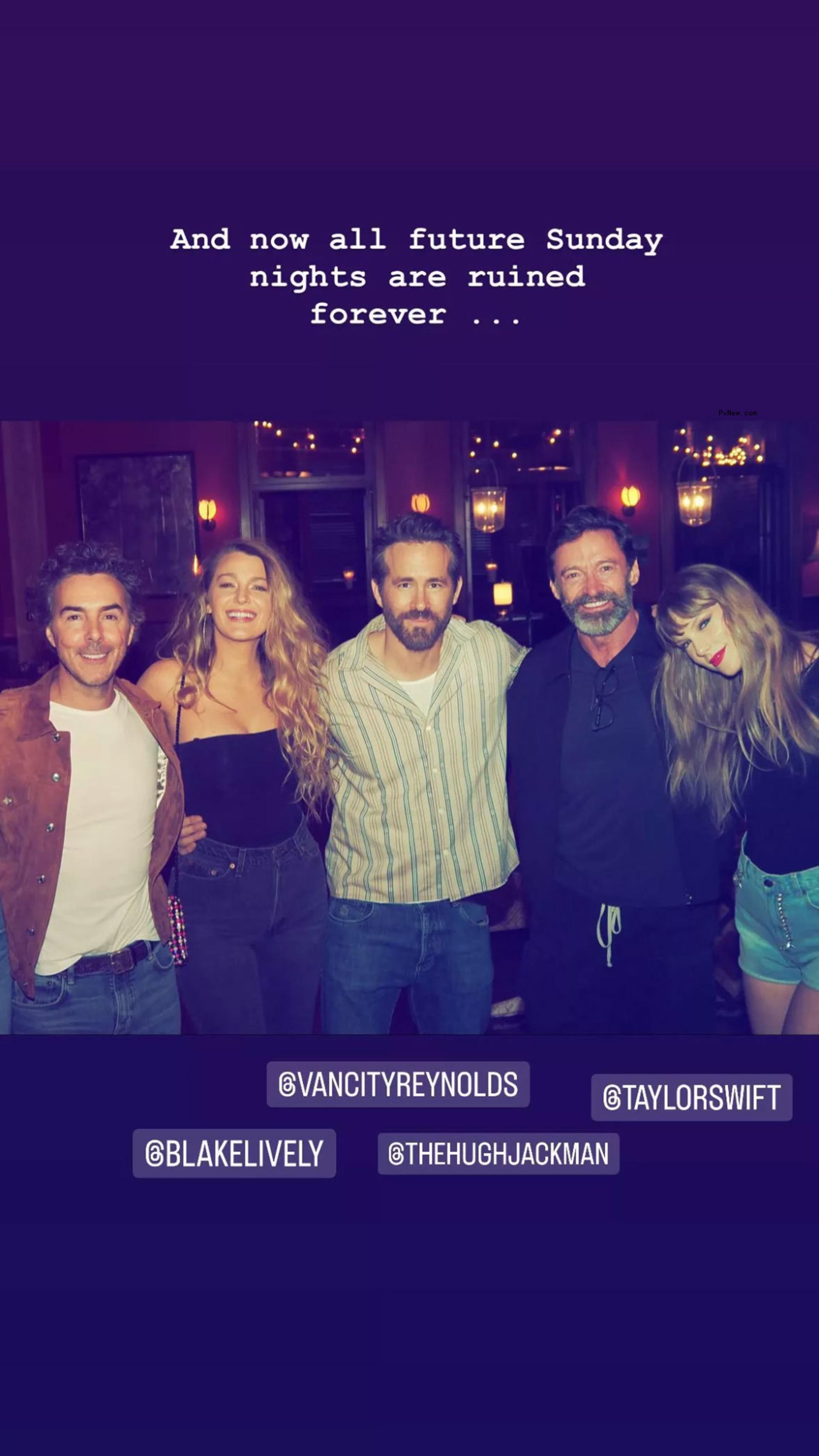 Shawn Levy, Blake Lively, Ryan Reynolds, Hugh Jackman and Taylor Swift pose for a group Instagram photo in July 2024.