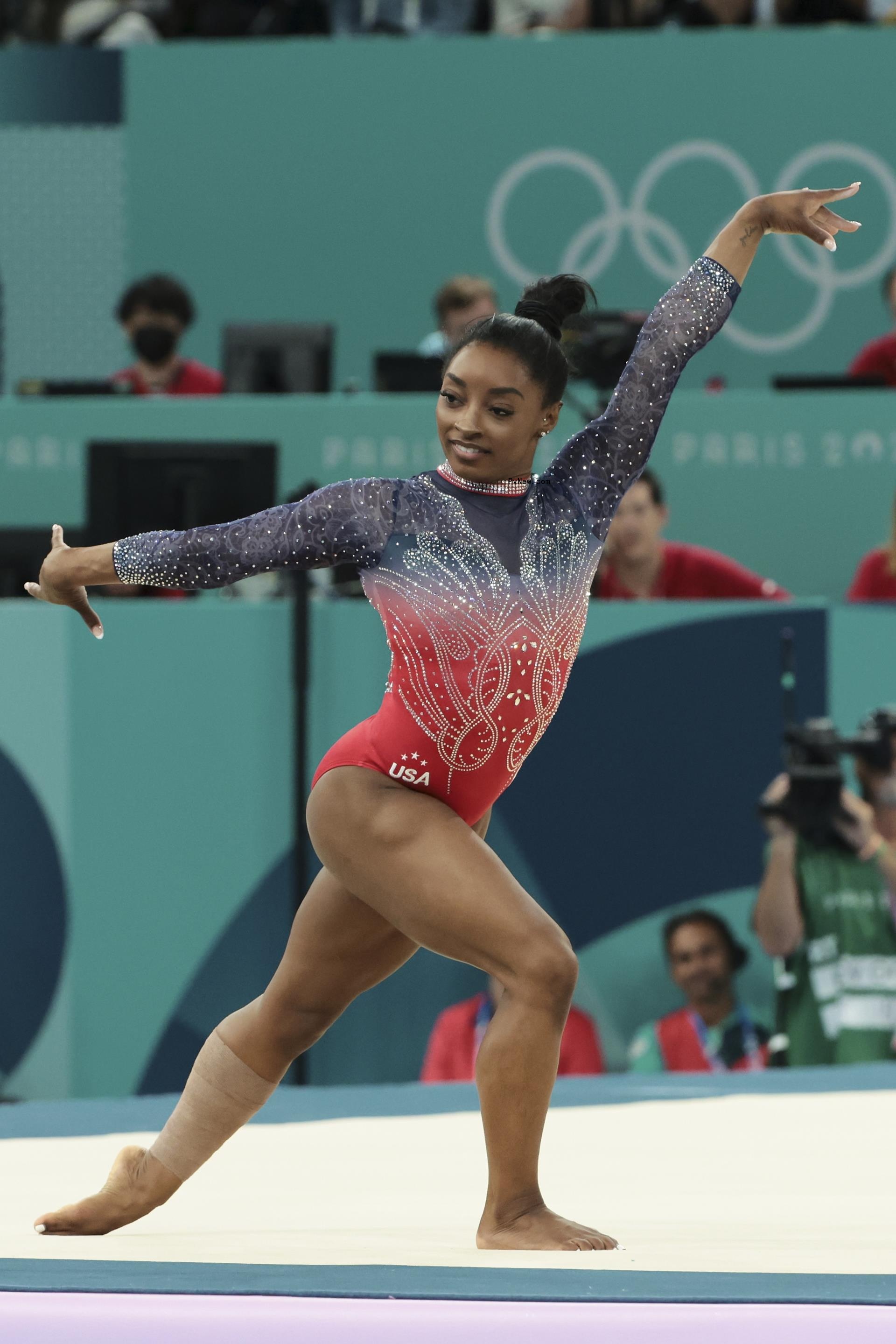 Simone Biles performing at the 2024 Paris Olympics.