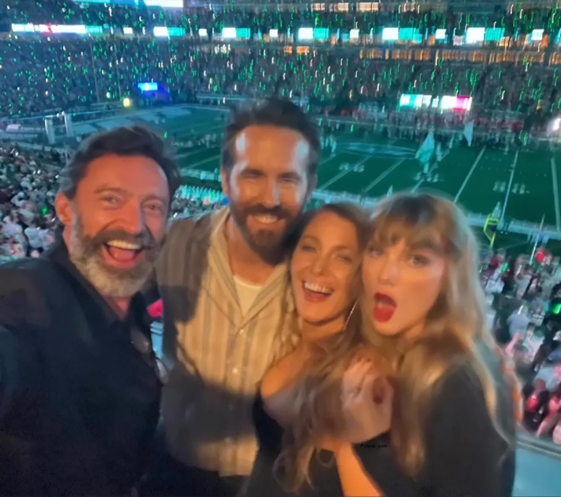 Hugh Jackman at the Chiefs game with Taylor Swift, Ryan Reynolds, and Blake Lively.