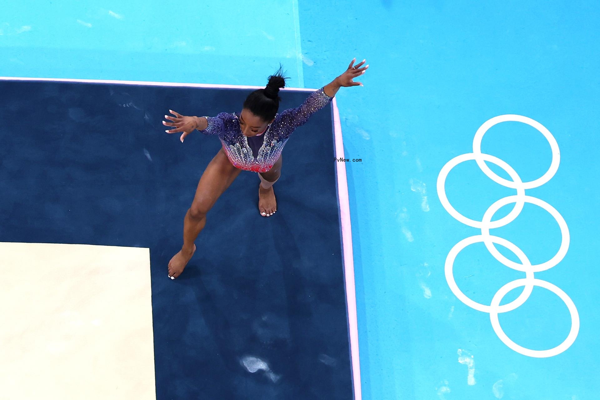 Simone Biles stepping out of bounds during the 2024 Paris Olympics.