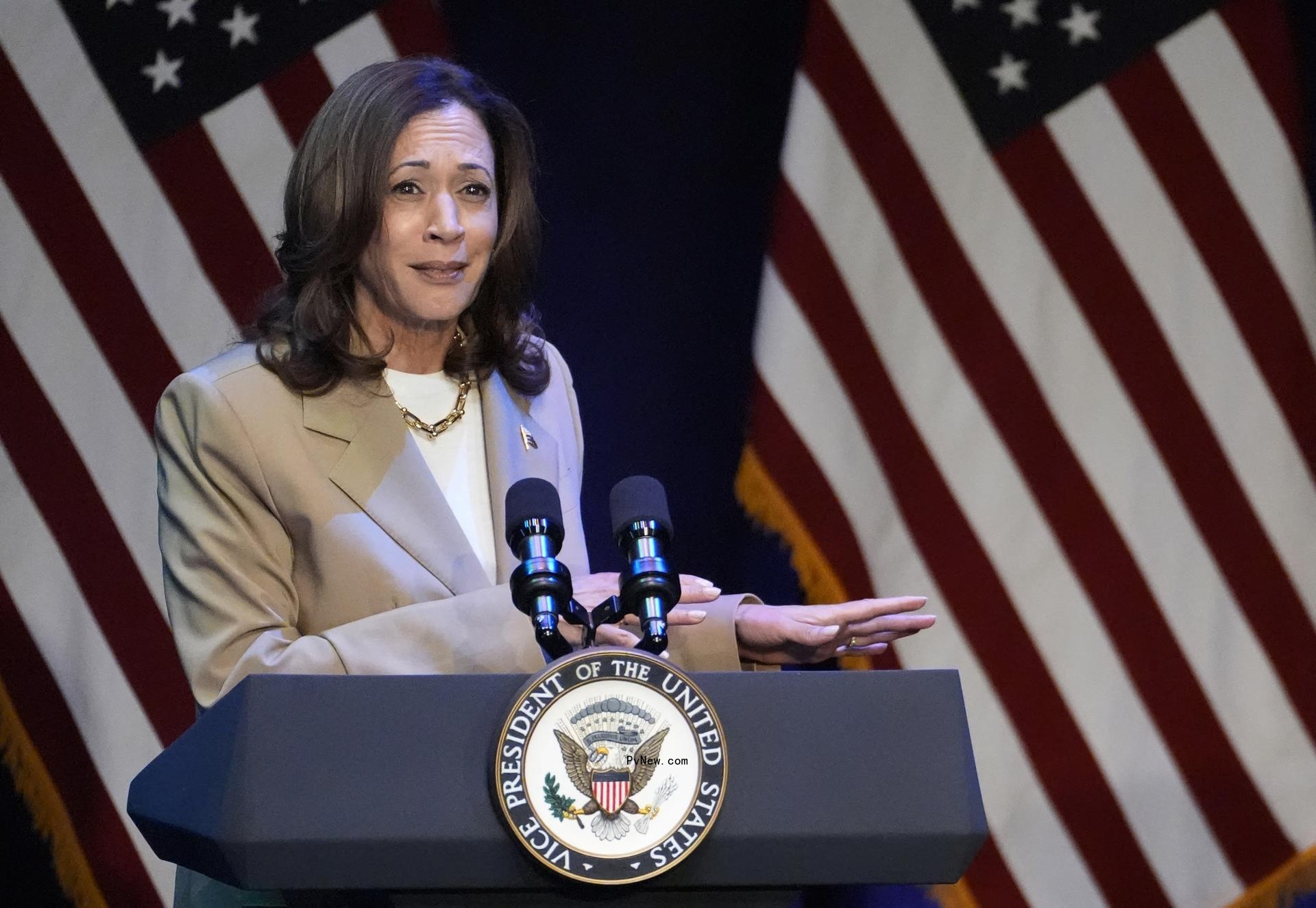 Kamala Harris speaking during a campaign fundraising event in 2024.