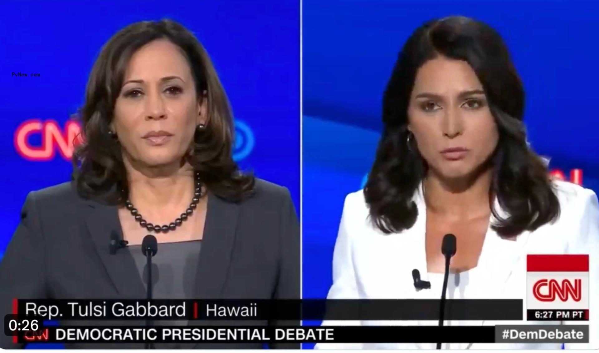 A split of Kamala Harris and Tulsi Gabbard during a debate.