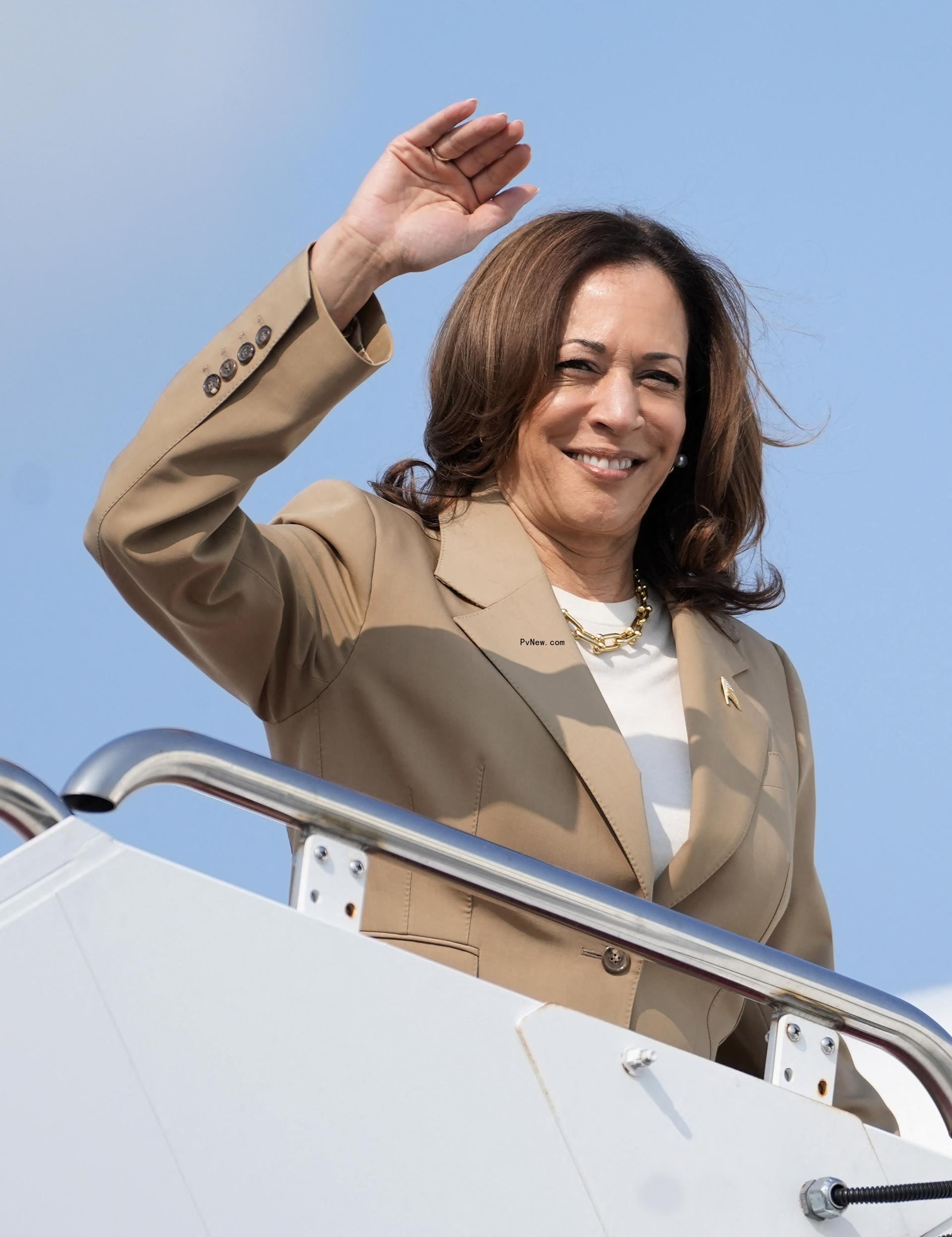 Kamala Harris waving at fans.