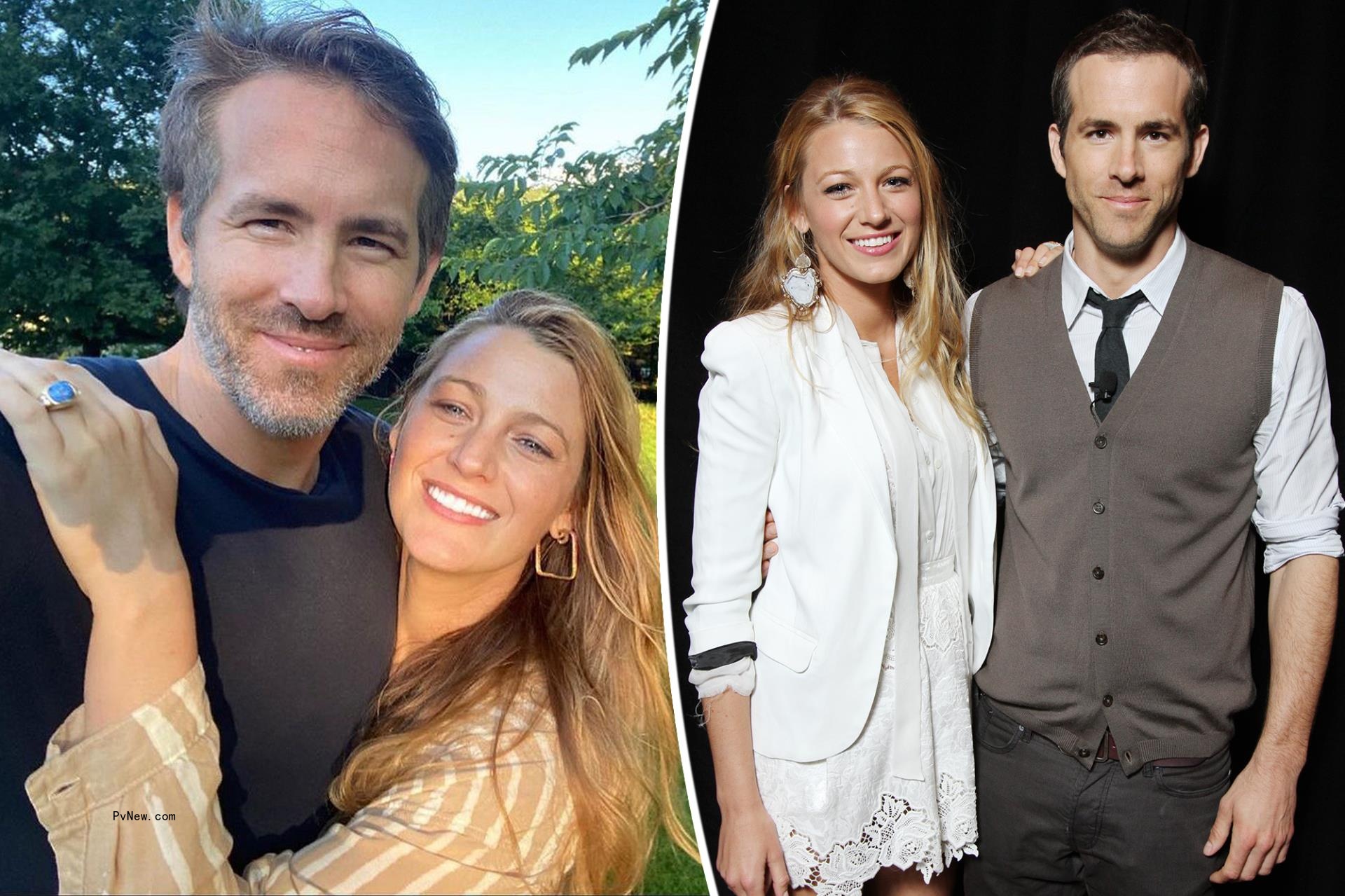 Two split photos of Ryan Reynolds and Blake Lively posing