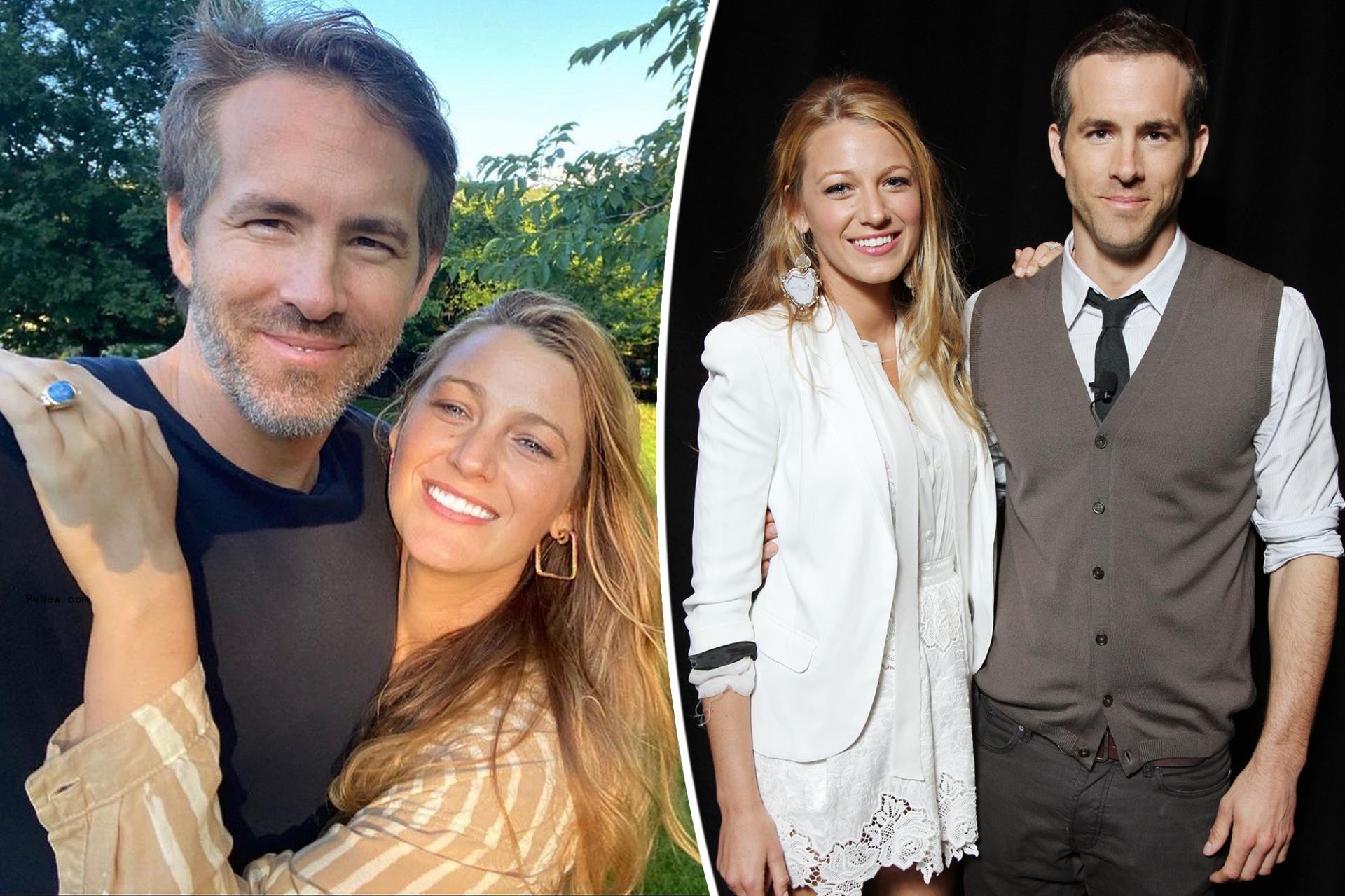 Two split photos of Ryan Reynolds and Blake Lively posing