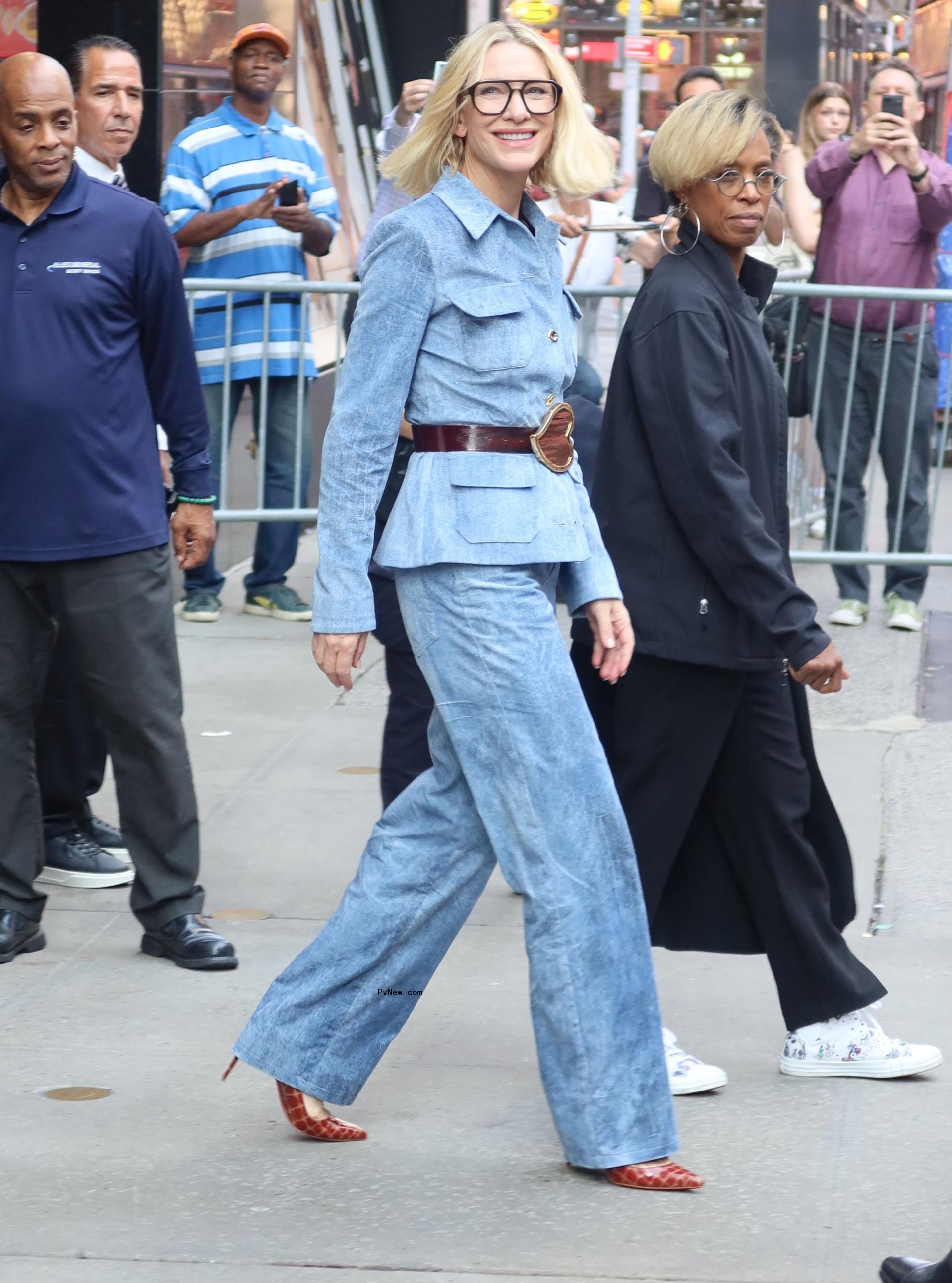 Cate Blanchett wears denim in Times Square on Monday
