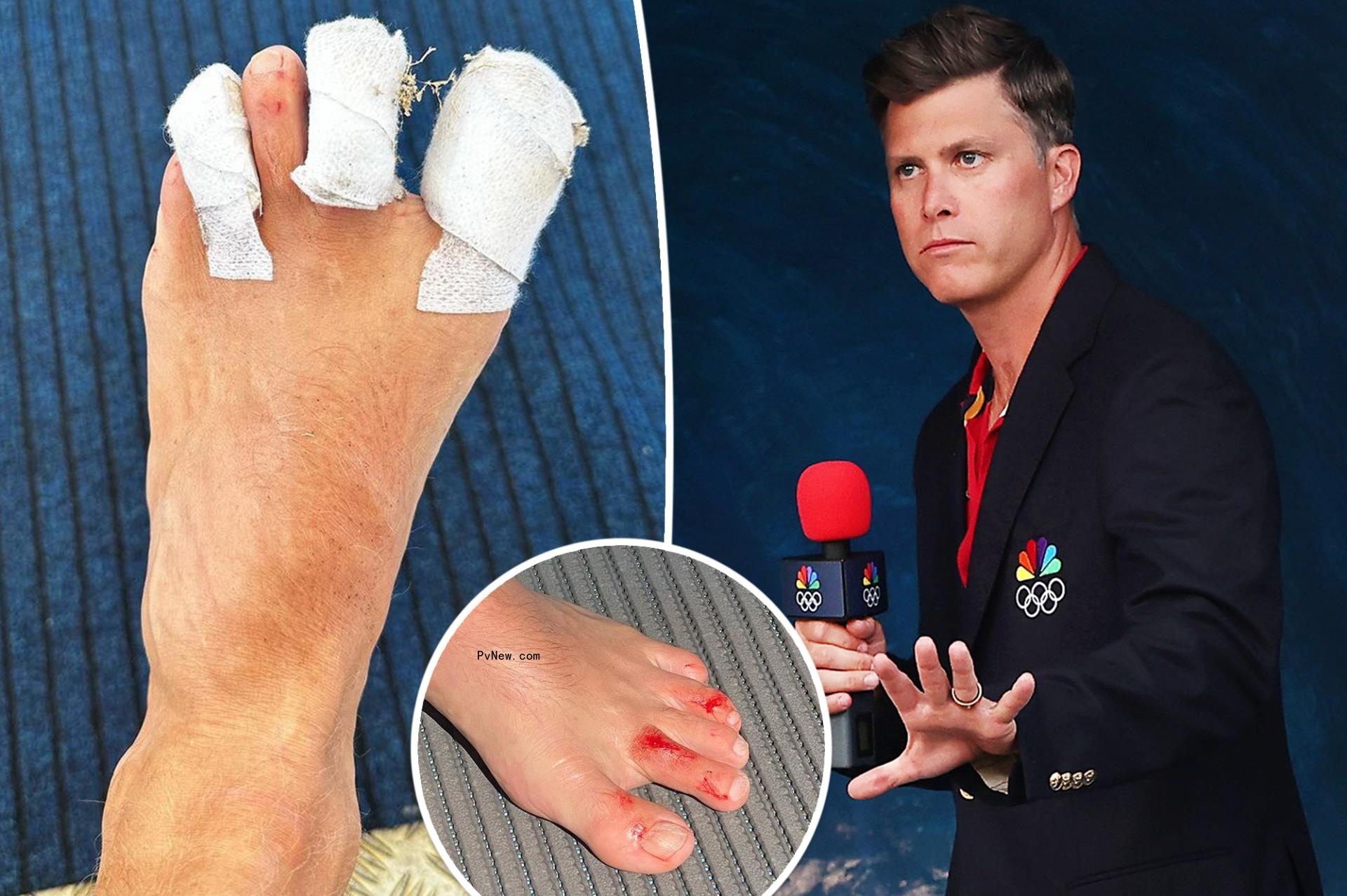 Colin Jost split image with his feet.