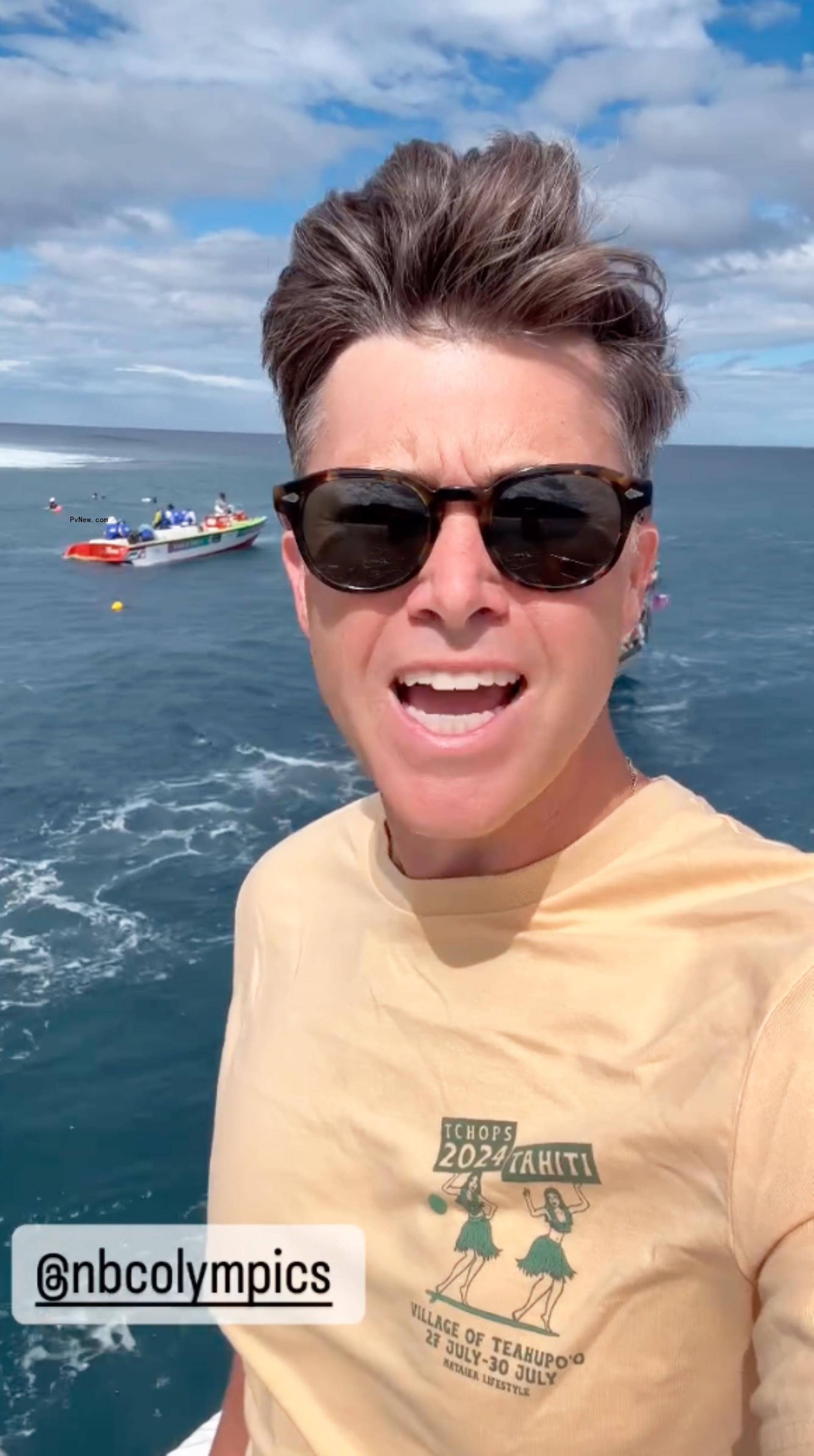 colin jost windy selfie with ocean in the background