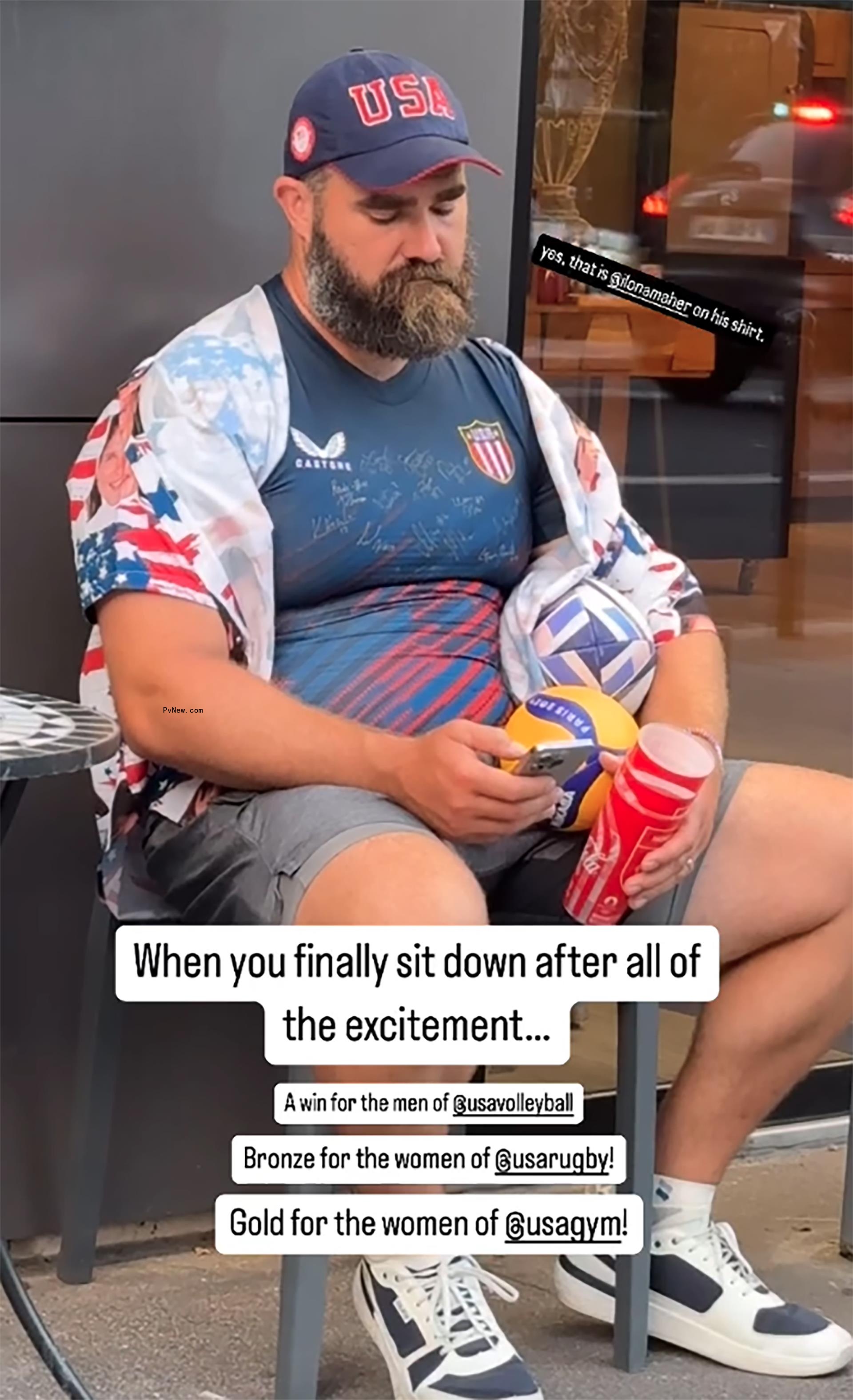 Jason Kelce supports the women’s Olympics rugby team in Paris by wearing a shirt with Ilona Maher’s face