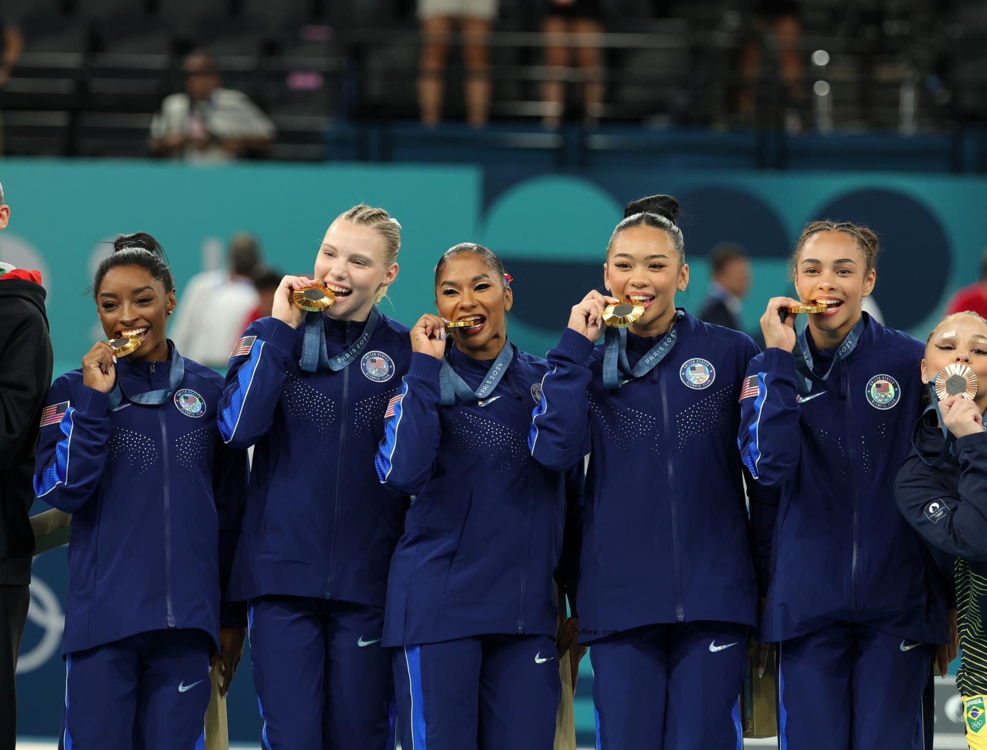 Simone Biles, Jade Carey, Jade Chiles, Sunisa Lee and Hazyl Rivera at 2024 Paris Olympics