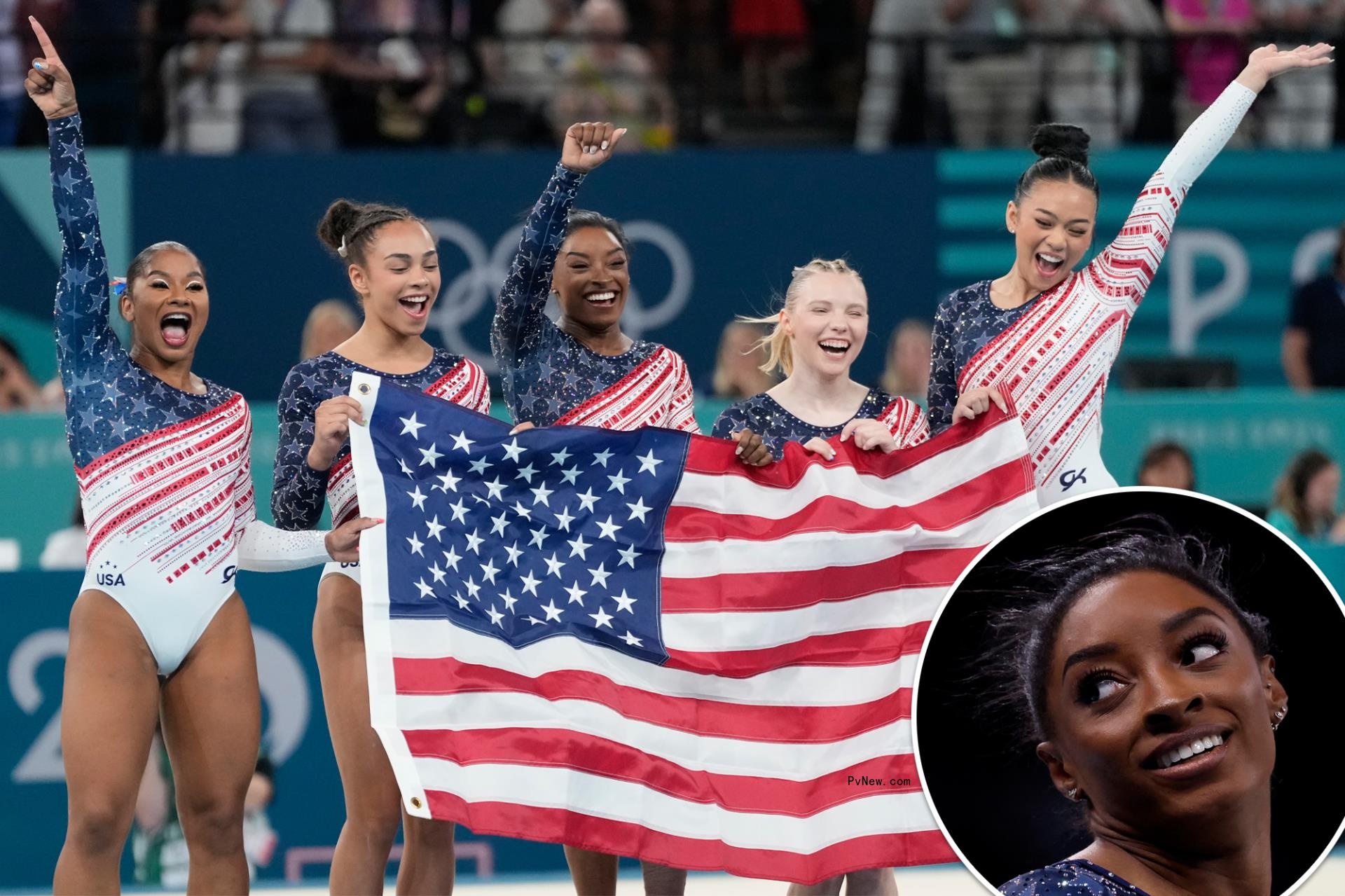 Simone Biles split image with Team USA gymnastics.