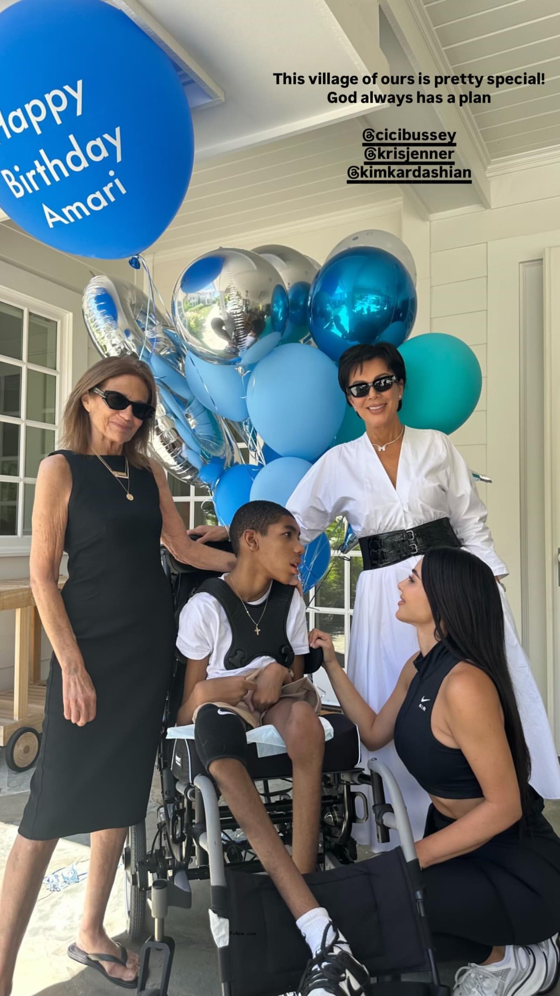 Kris Jenner, Kim Kardashian and another woman with Amari Thompson at his party.
