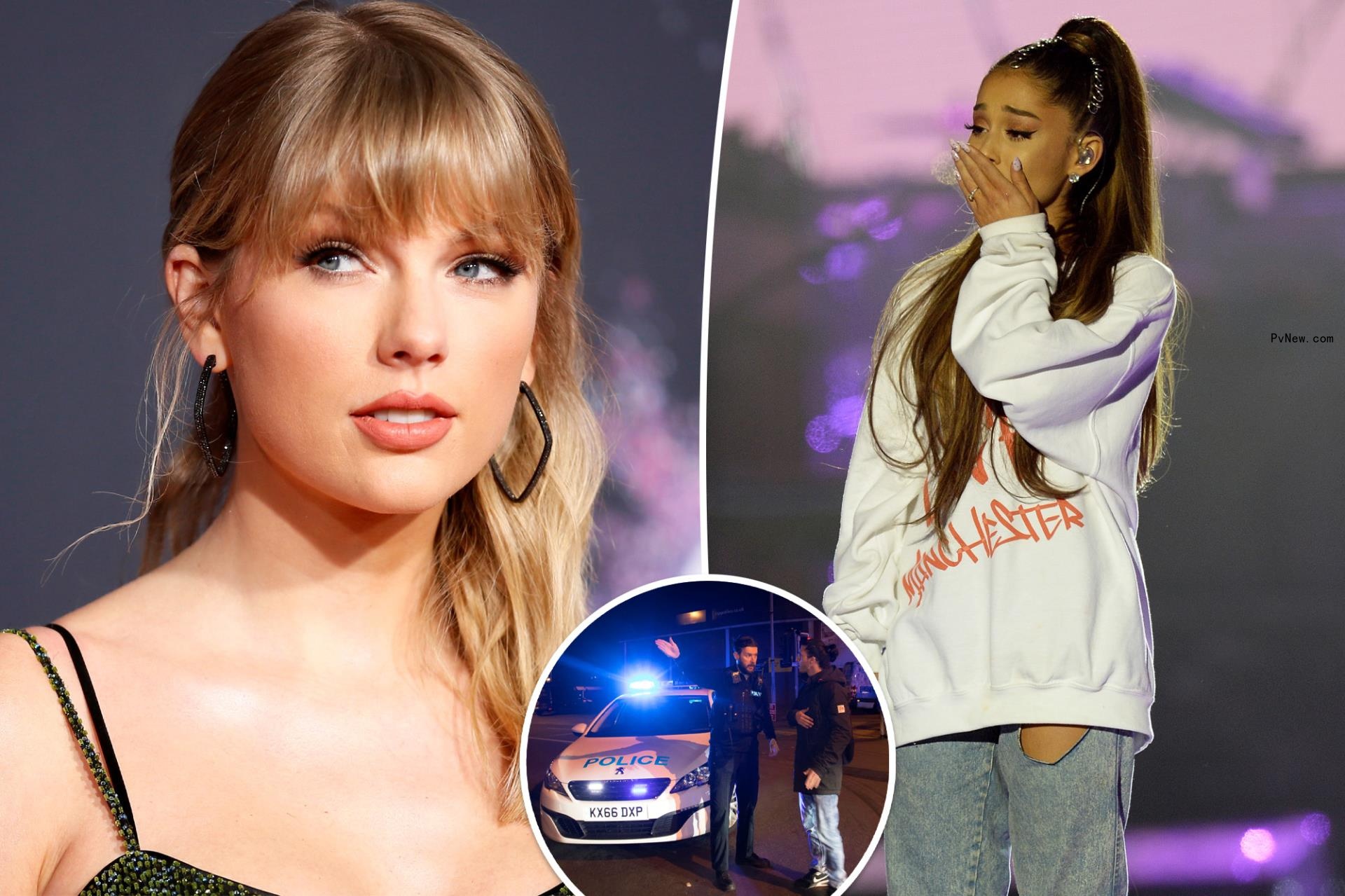 Taylor Swift split image with Ariana Grande inset of police car.