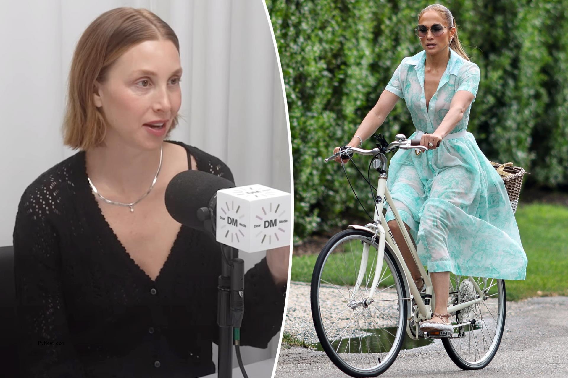 Whitney Port recording podcast split with Jennifer Lopez riding bike