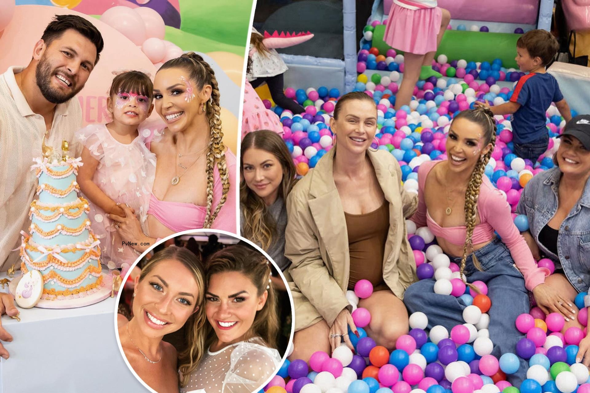 A split photo of Brock Davies and Scheana Shay with their daughter and a photo of Stassi Schroeder, Lala Kent, Scheana Shay and Brittany Cartwright and a small selfie of Brittany Cartwright and Stassi Schroeder