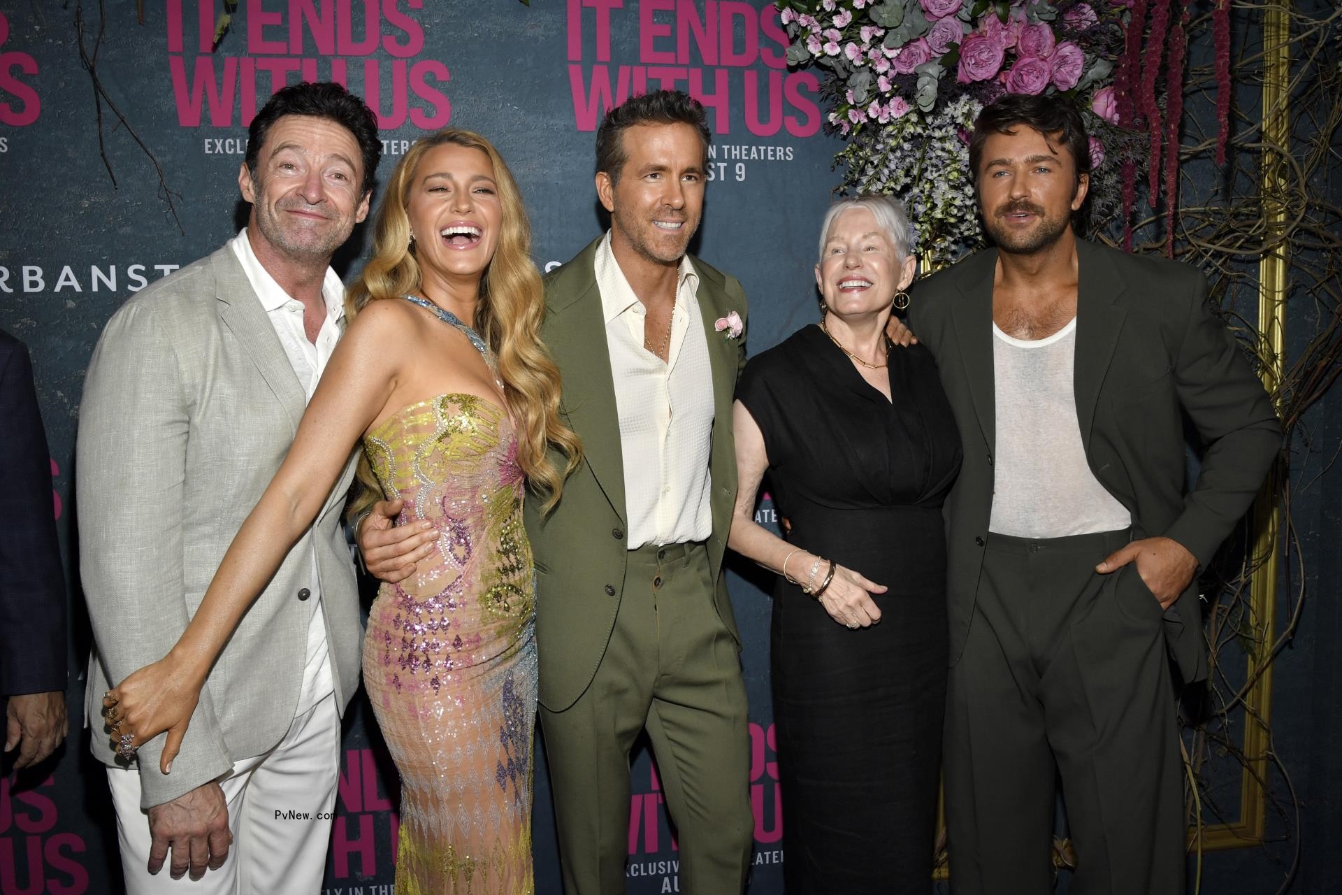 Hugh Jackman, from left, Blake Lively, Ryan Reynolds, Tammy Reynolds, and Brandon Sklenar.