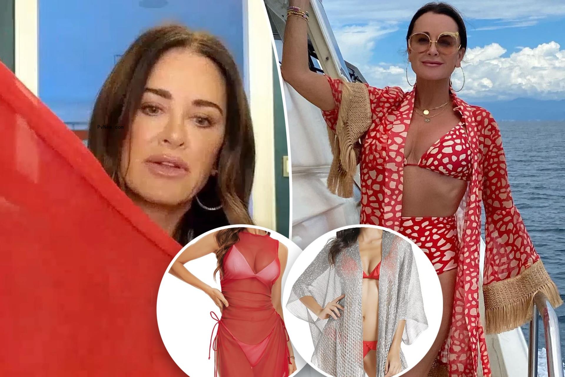 A close-up of Kyle Richards split with Kyle Richards in a bikini, insets of swim cover-ups