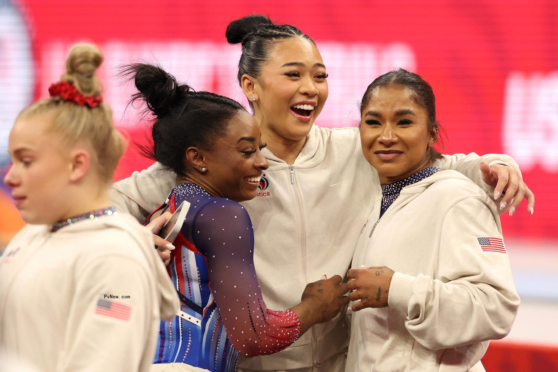 Simone Biles, Suni Lee and Jordan Chiles after competing on Day Four of the 2024 U.S. Olympic Team Gymnastics Trials in June 2024.