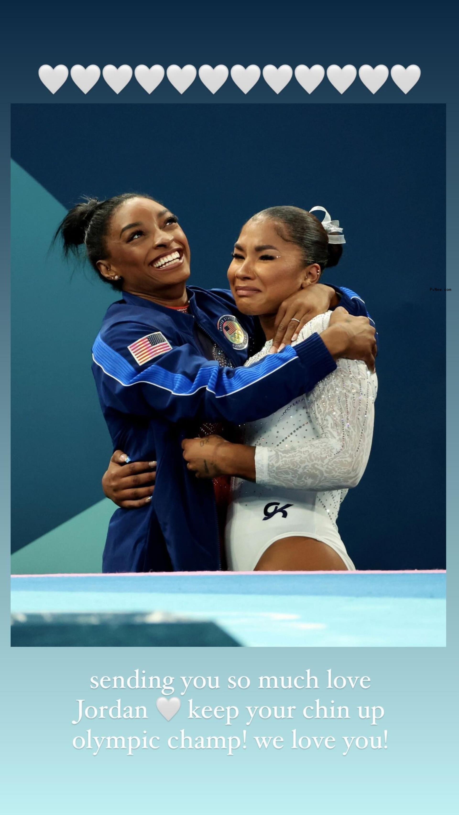 Jordan Chiles and Simone Biles hugging at the 2024 Paris Olympics.