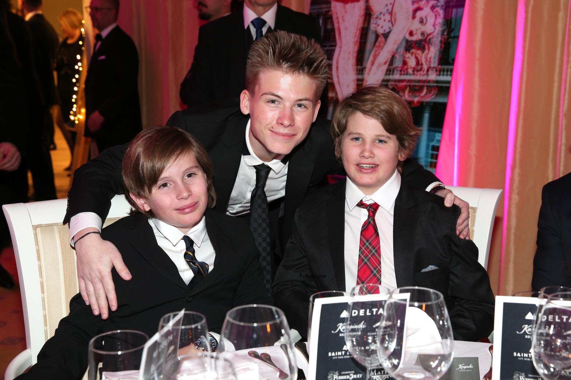Quinn Kelly Stone, Roan Joseph Bro<i></i>nstein and his brother Laird Vo<i></i>nne Stone, sons of Sharon Stone, during the charity gala benefiting 'Planet Hope' foundation at Kempinski Grand Hotel des Bains on December 28, 2017.