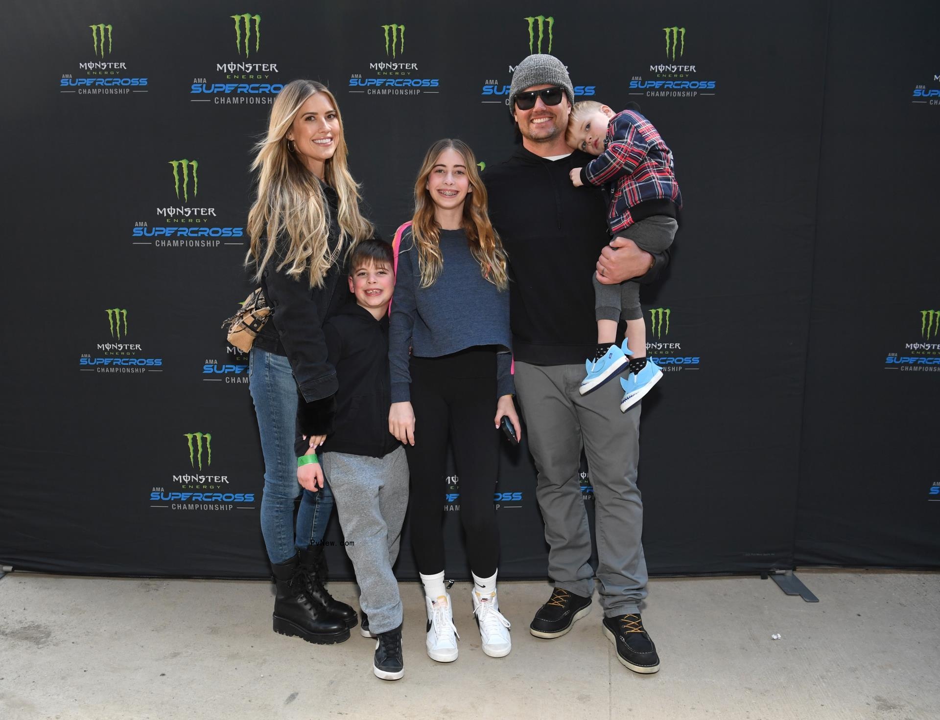 Christina Hall (L), Josh Hall (2nd R), and guests attend Mo<i></i>nster Energy Supercross Celebrity Night at Angel Stadium of Anaheim on January 28, 2023 in Anaheim.