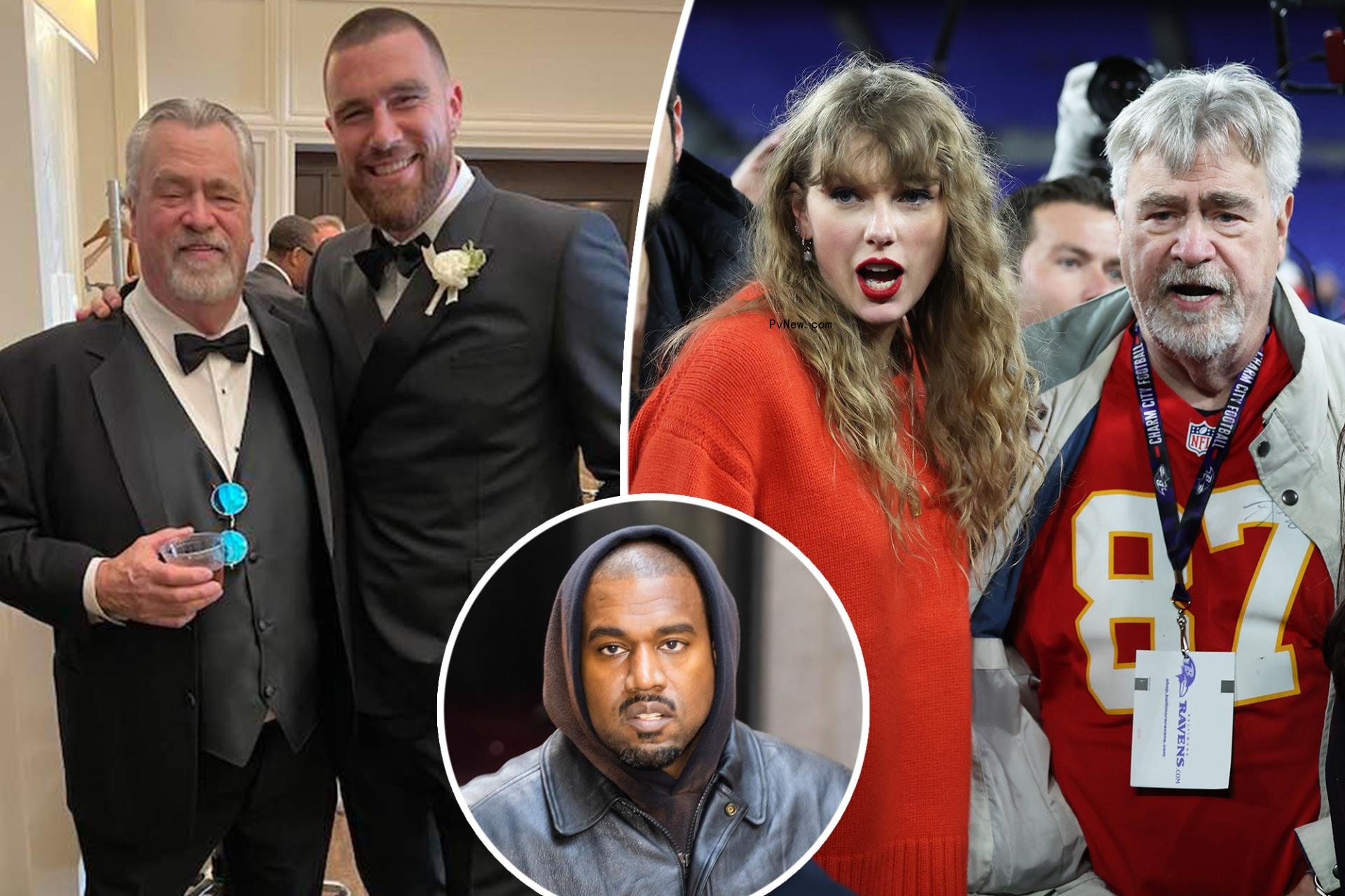 Ed Kelce with Travis Kelce and Taylor Swift, as well as a Kanye West insey