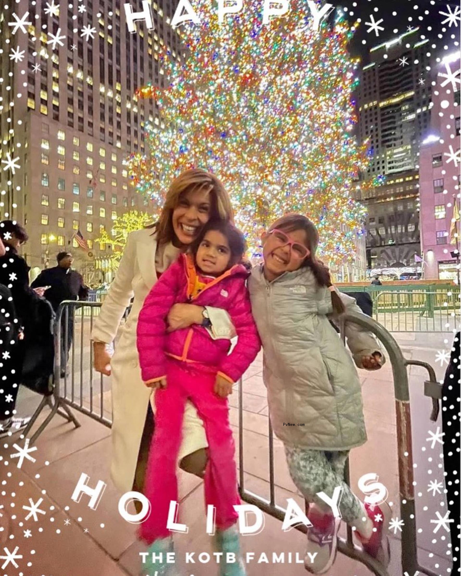 Hoda Kotb poses with her two daughters in front of the Rockefeller tree.