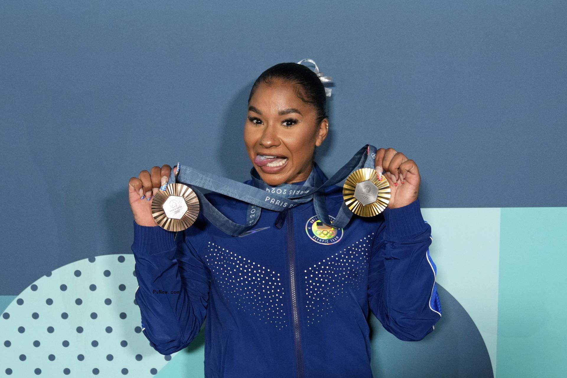 Jordan Chiles of the United States poses for a photo with her gold and bro<i></i>nze medasl after day three of the gymnastics event finals during the Paris 2024 Olympic Summer Games. 