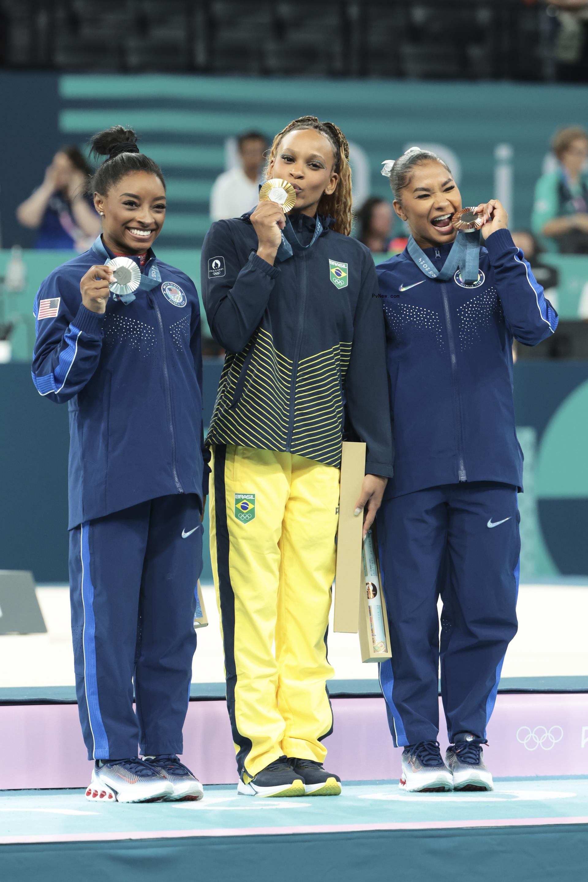 Gold medalist Rebeca Andrade (C) of Team Brazil, silver medalist Simone Biles (L) of Team United States and bro<i></i>nze medalist Jordan Chiles (R) of Team United States pose on the podium at the Artistic Gymnastics Women's Floor Exercise Medal Ceremony on day ten of the Olympic Games Paris 2024.