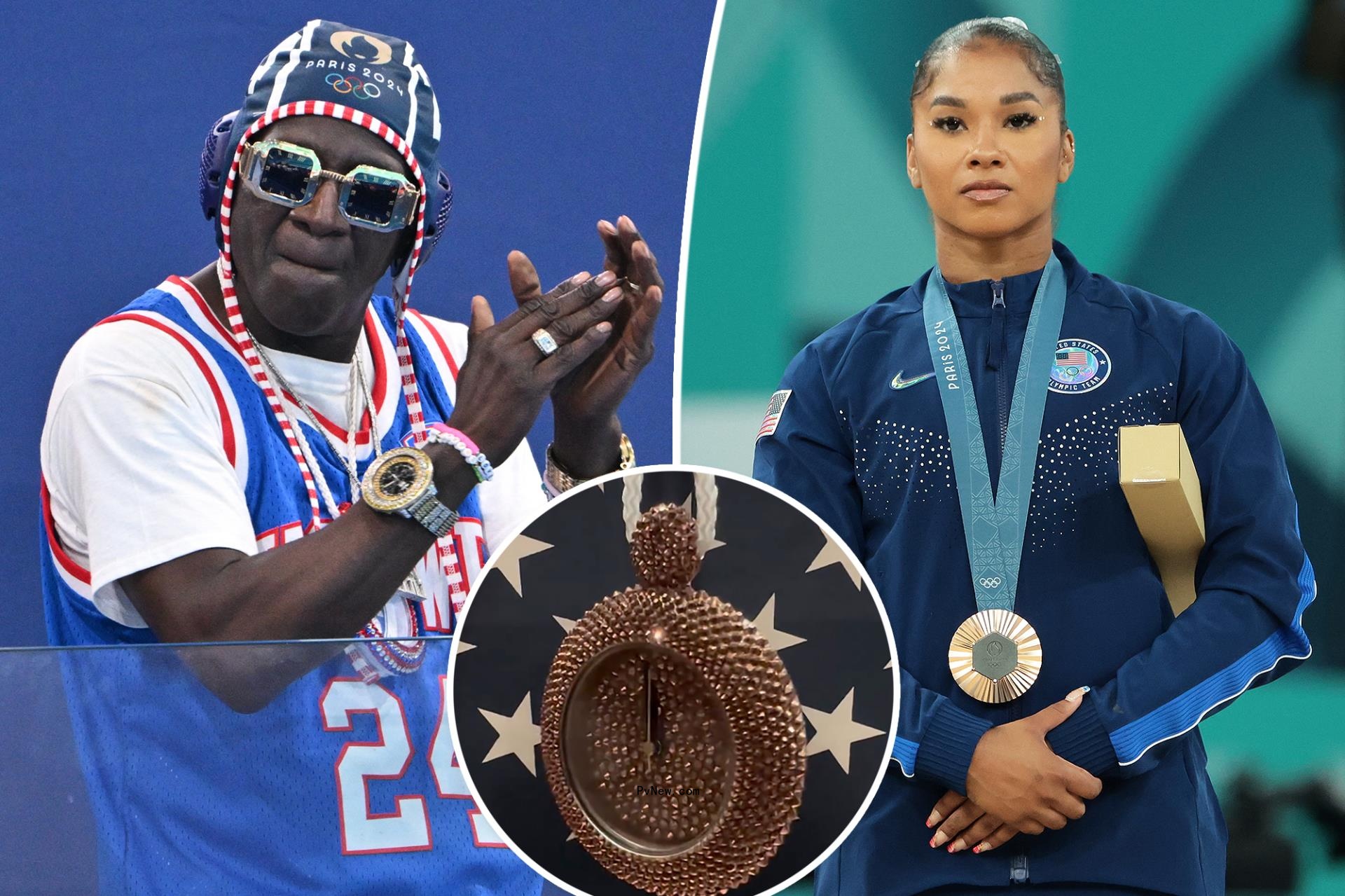 Flavor Flav makes Jordan Chiles custom bedazzled bro<i></i>nze clock necklace after she was stripped of her medal