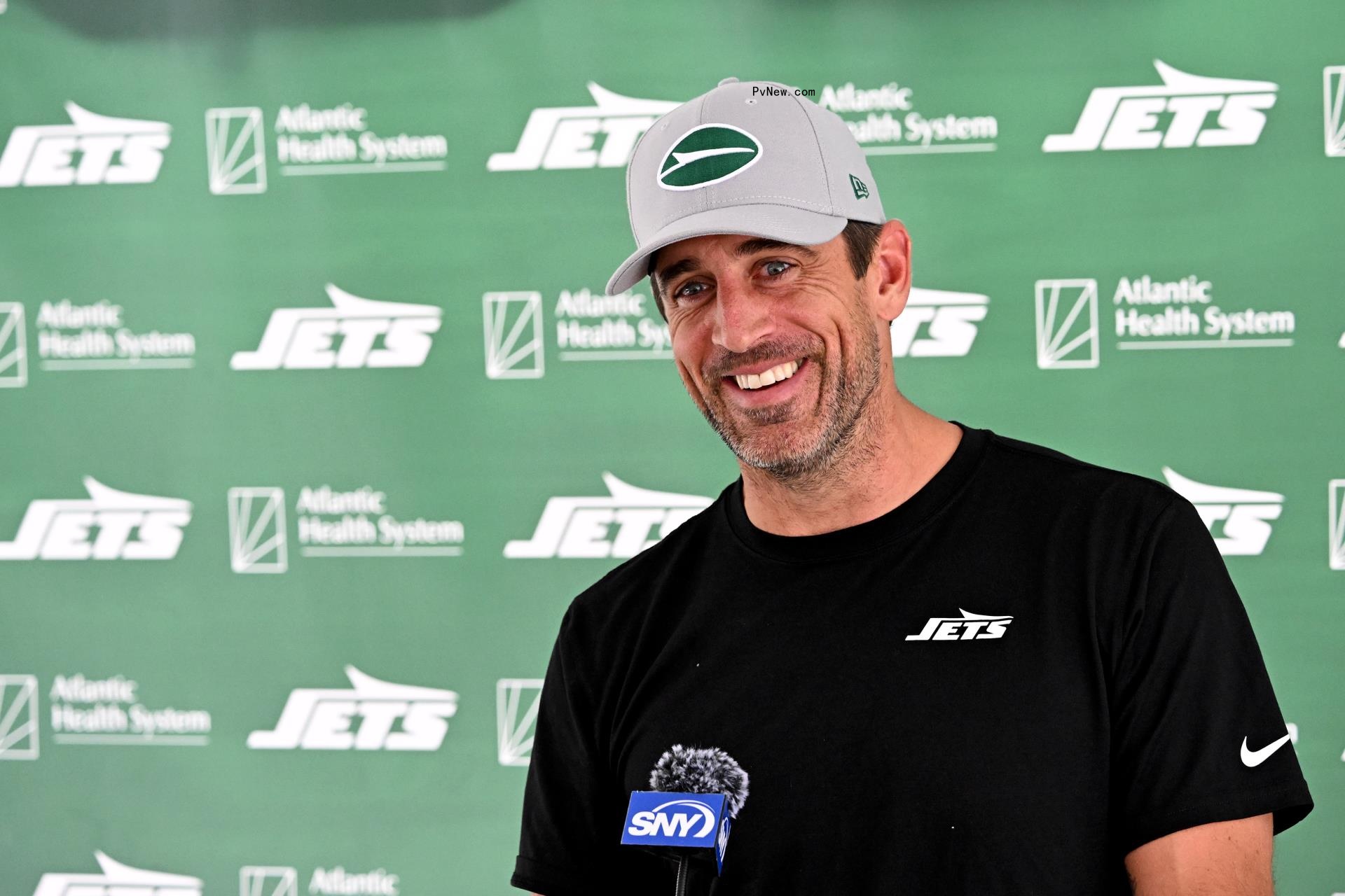 Aaron Rodgers at a New York Jets press co<i></i>nference in July 2024. 