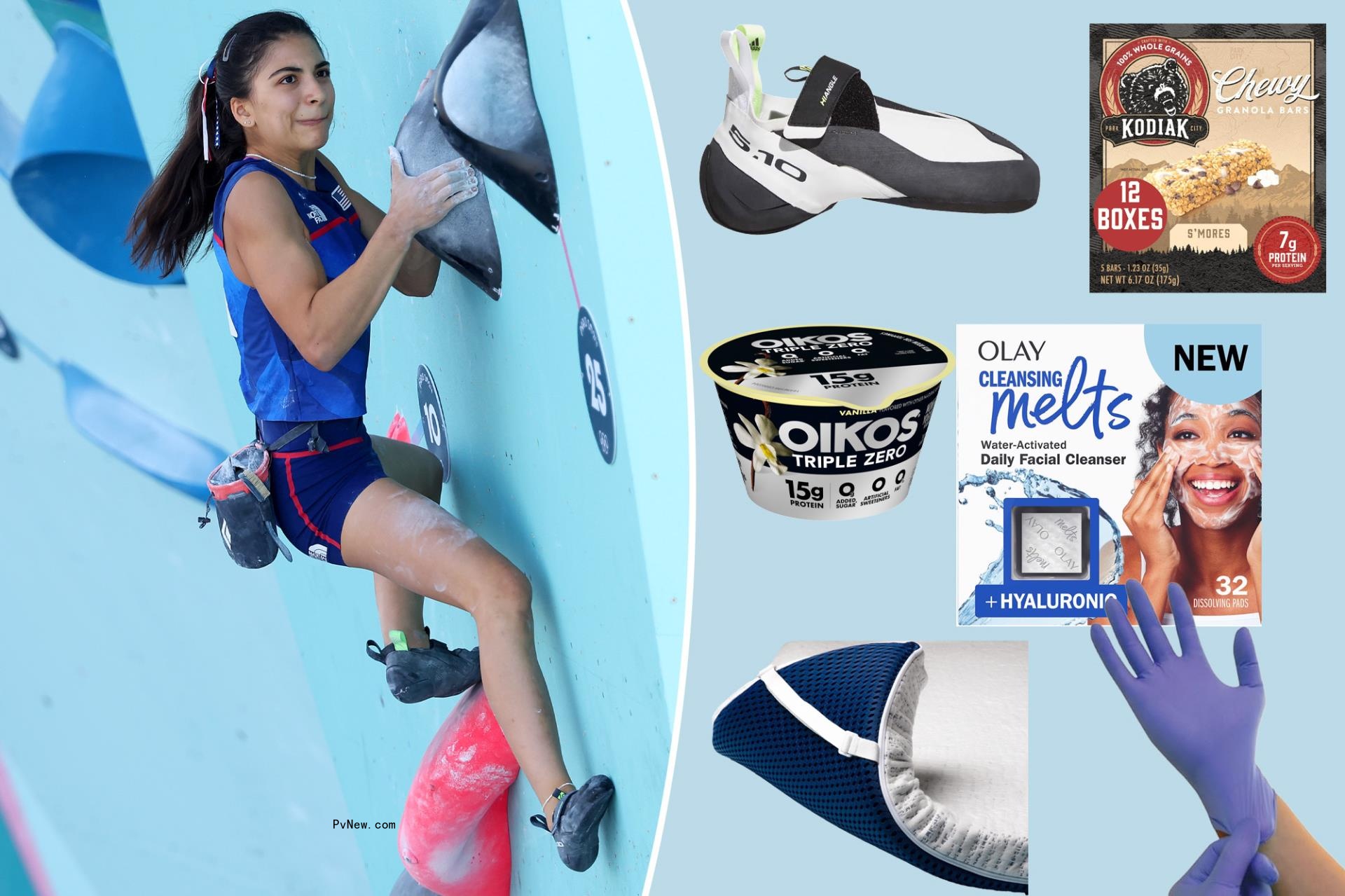 Natalia Grosman rock climbing with insets of products