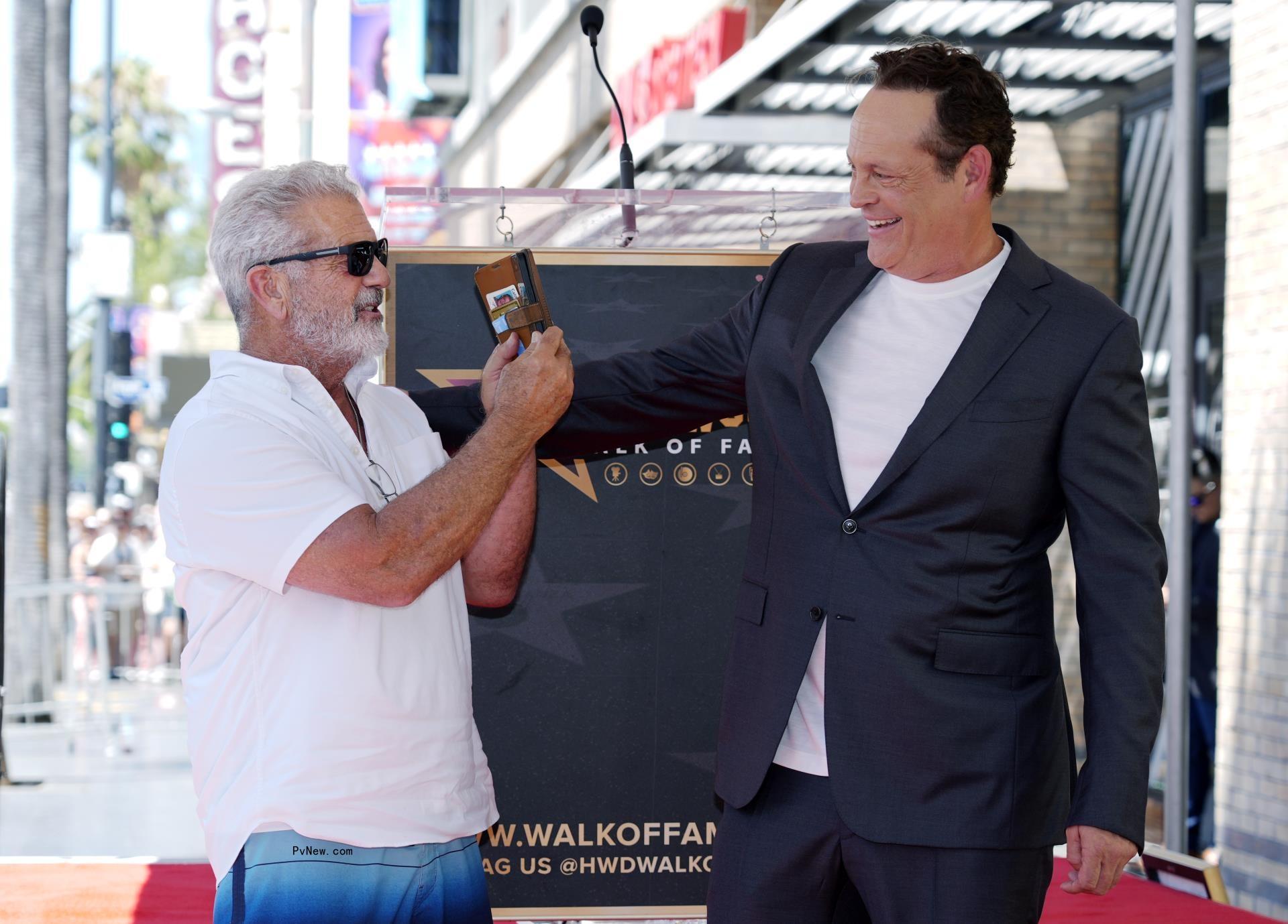 Vince Vaughn and Mel Gibson at his Hollywood Walk of Fame ceremony on Aug. 12, 2024. 