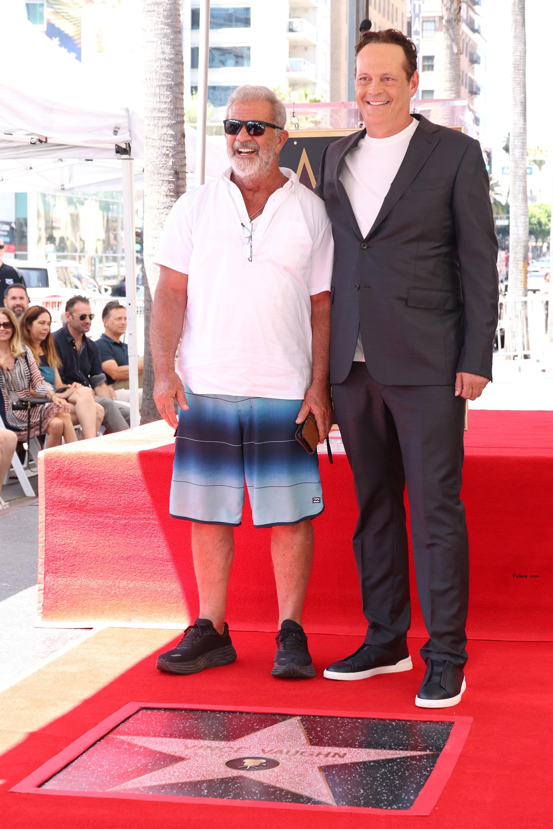 Vince Vaughn and Mel Gibson at his Hollywood Walk of Fame ceremony on Aug. 12, 2024. 