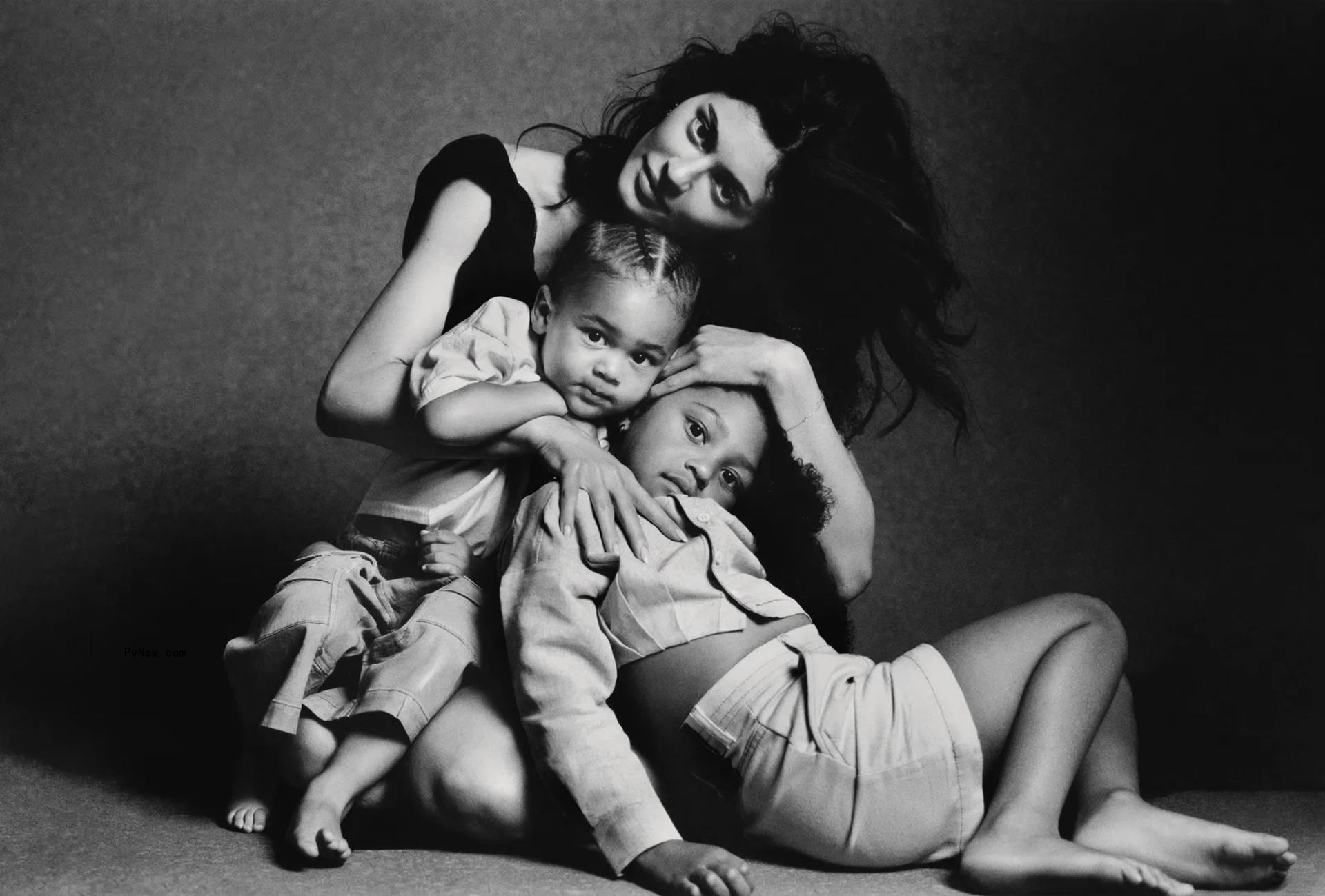 Kylie Jenner posed with daughter Stormi and son Aire for British Vogue, published Tuesday.