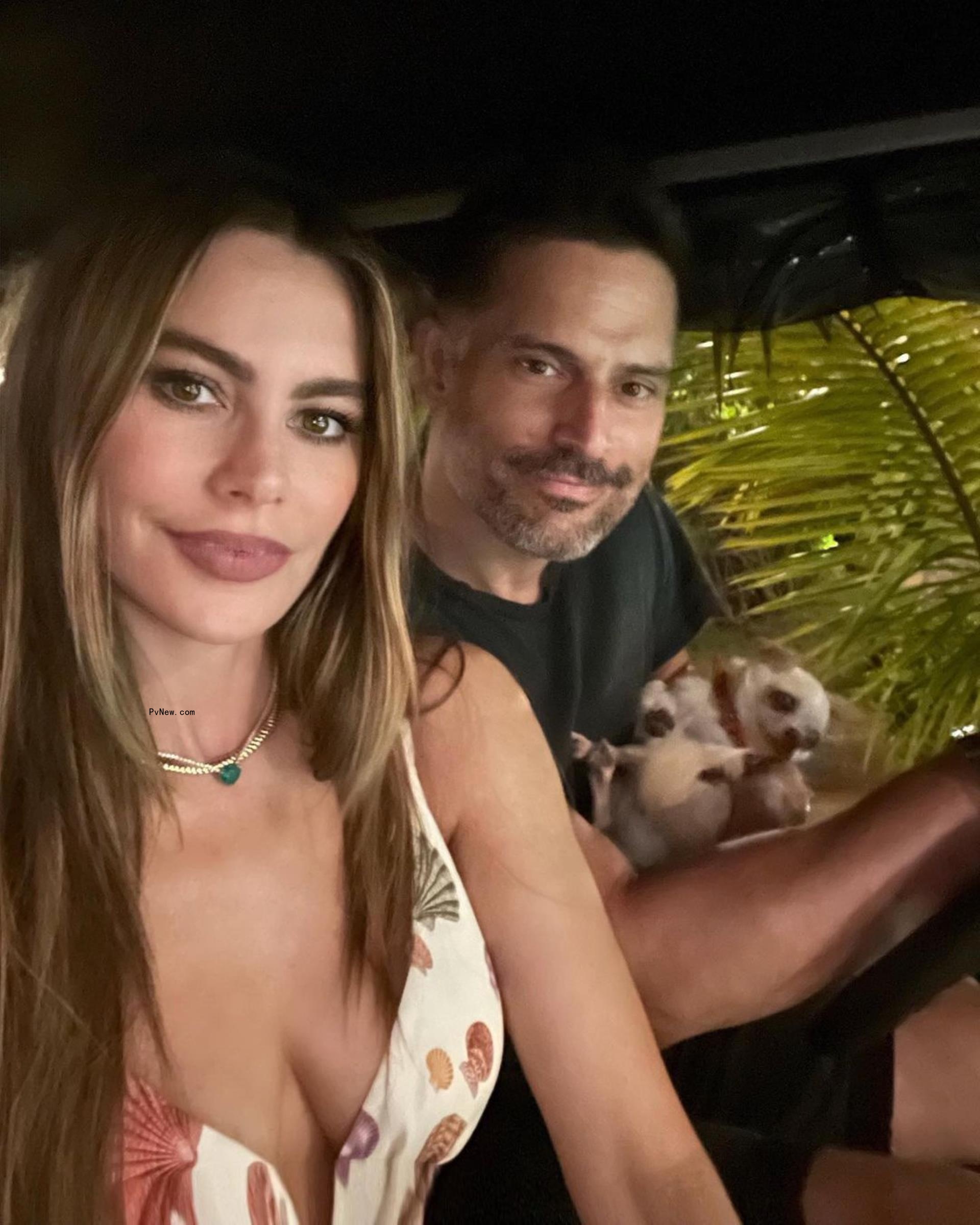 Sofia Vergara and Joe Manganiello posing for a selfie in the car